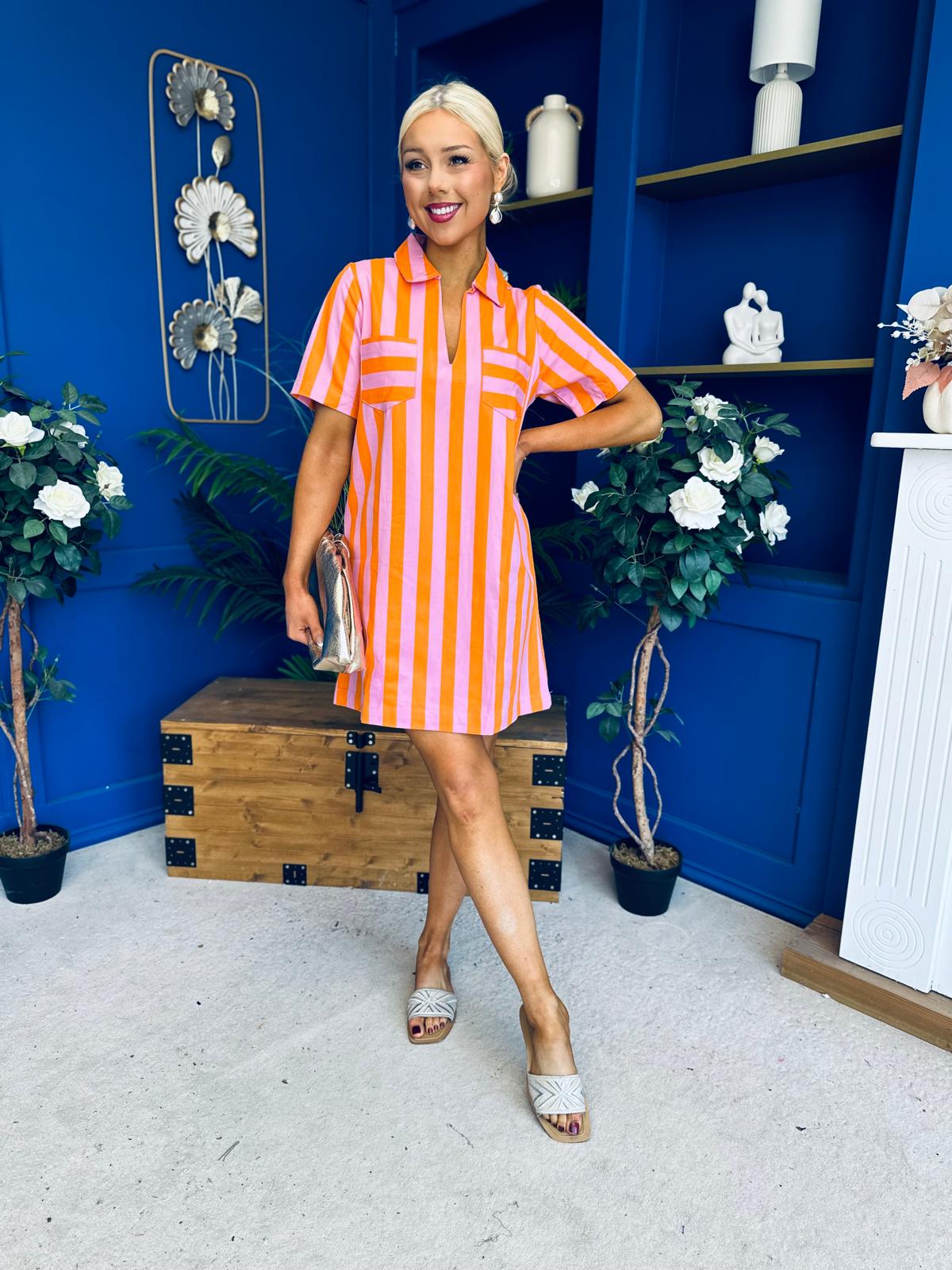 Laurel Denim Mini Shift Dress Striped Orange