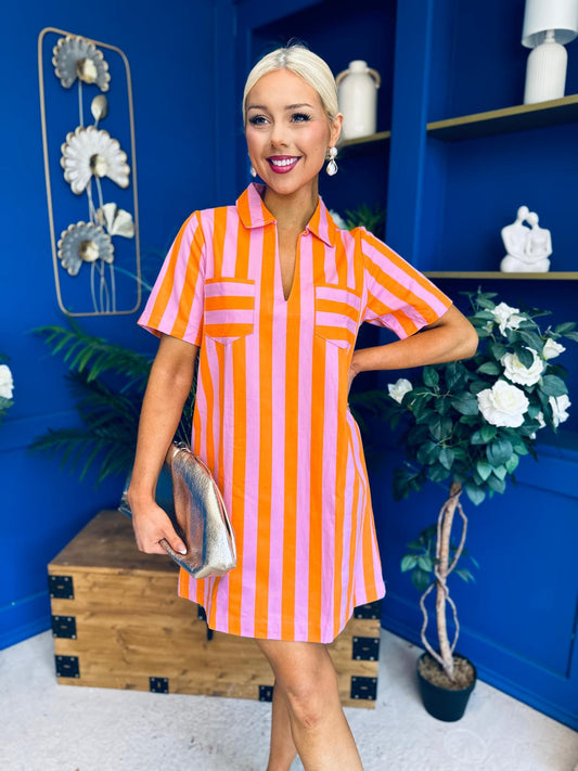 Laurel Denim Mini Shift Dress Striped Orange
