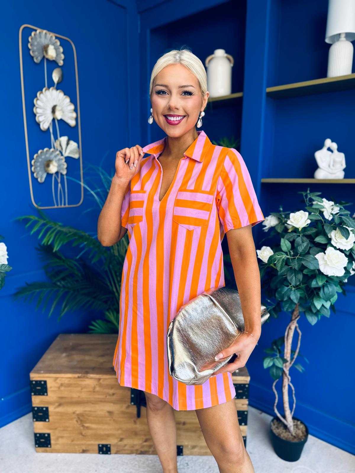 Laurel Denim Mini Shift Dress Striped Orange
