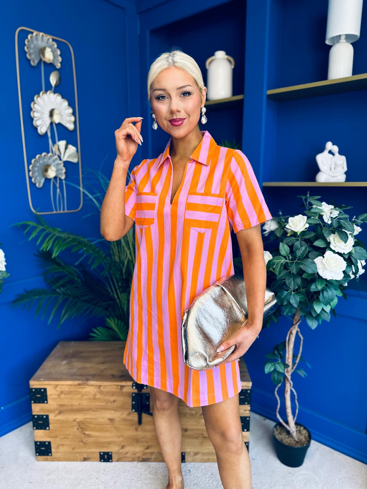 Laurel Denim Mini Shift Dress Striped Orange