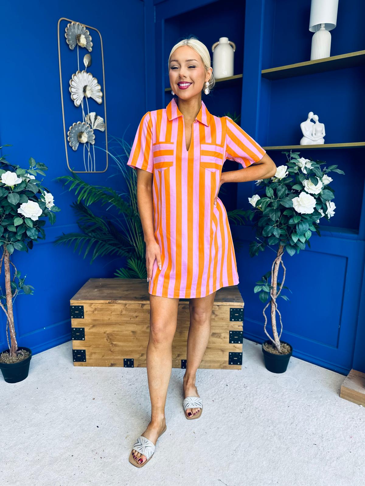 Laurel Denim Mini Shift Dress Striped Orange
