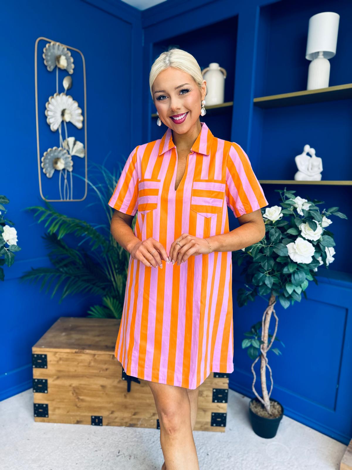 Laurel Denim Mini Shift Dress Striped Orange