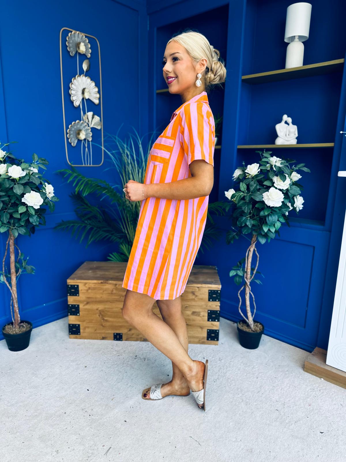 Laurel Denim Mini Shift Dress Striped Orange