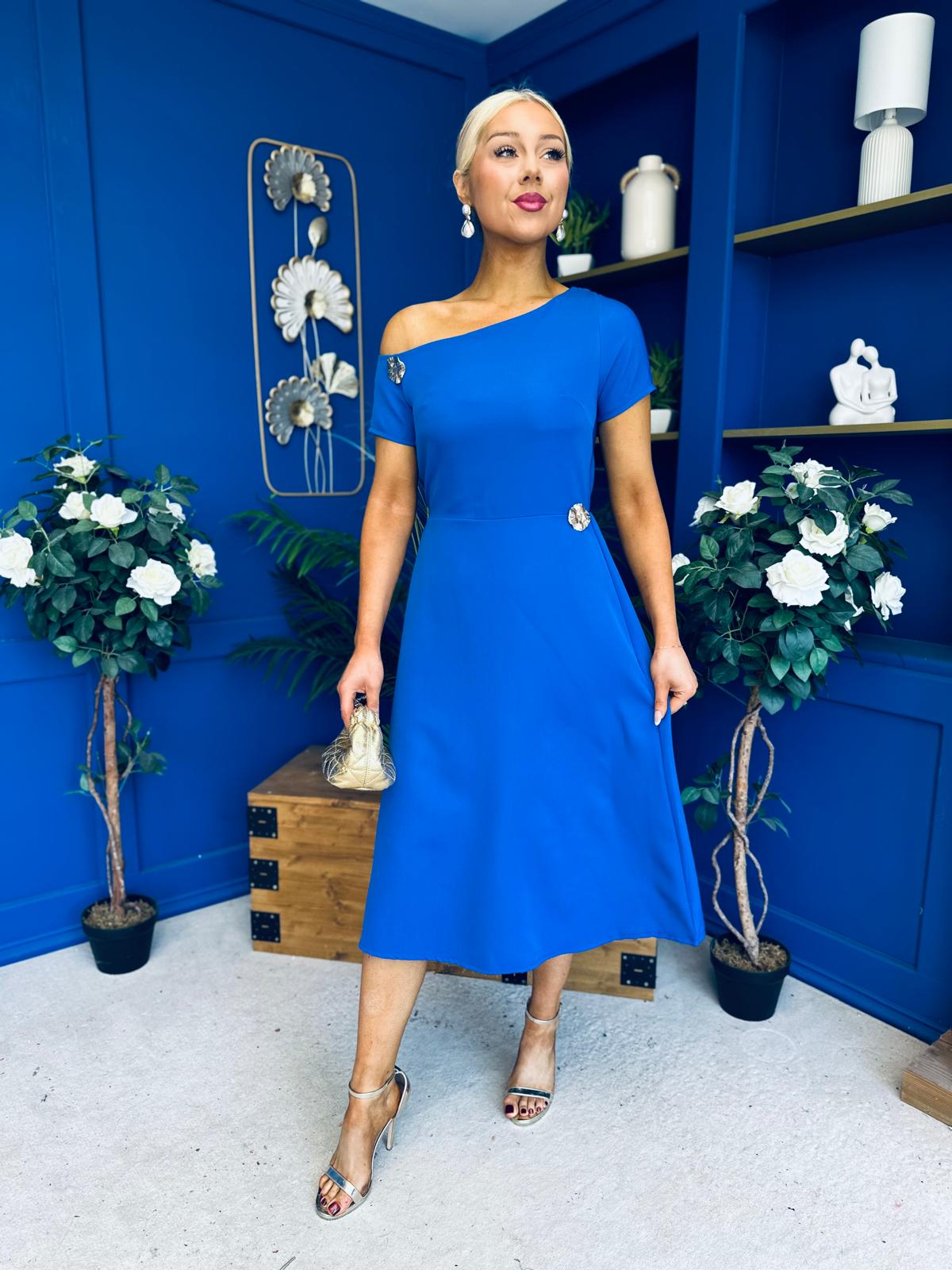 Emily Asymmetric Detail Midi Dress Cobalt