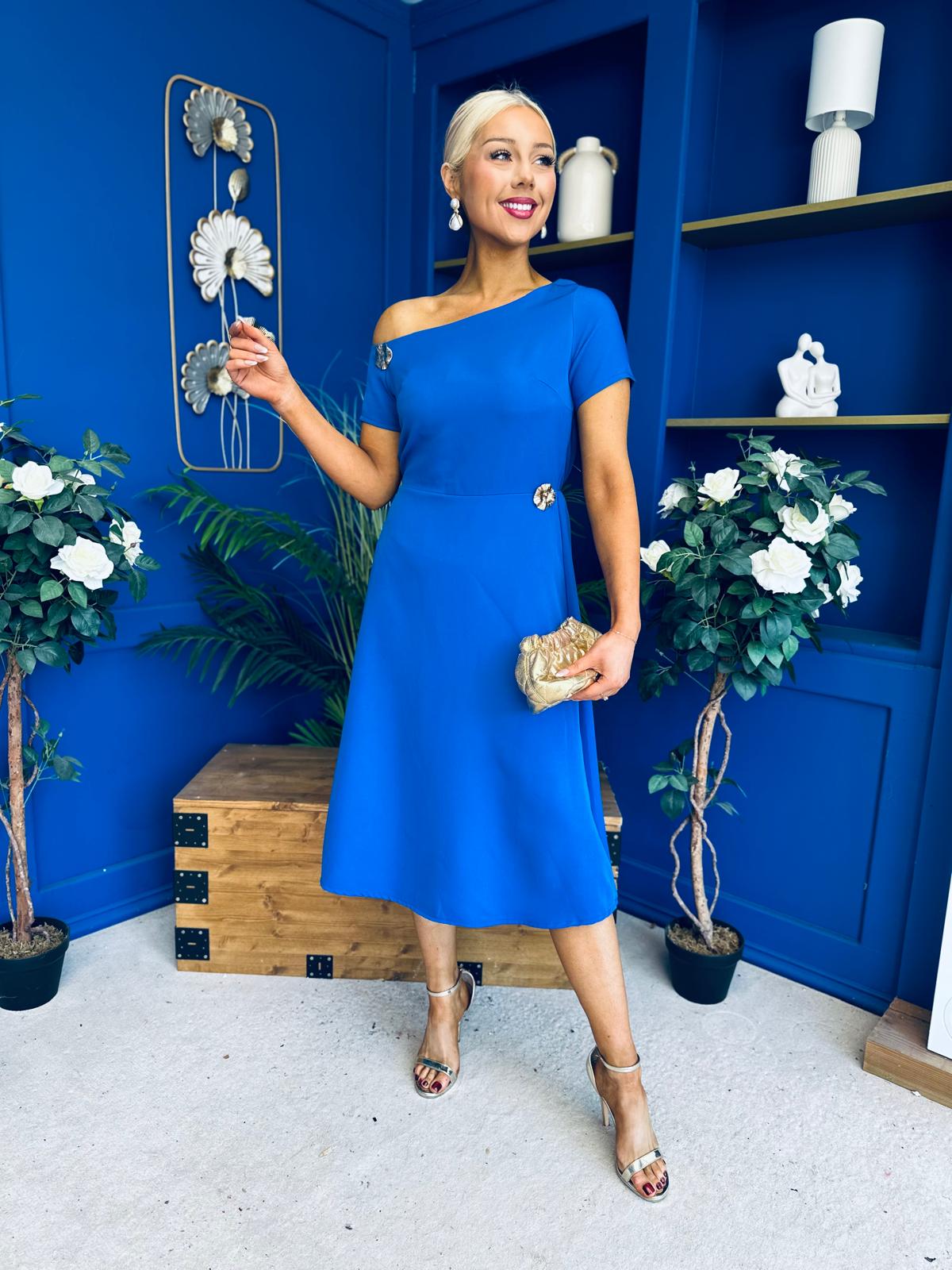 Emily Asymmetric Detail Midi Dress Cobalt