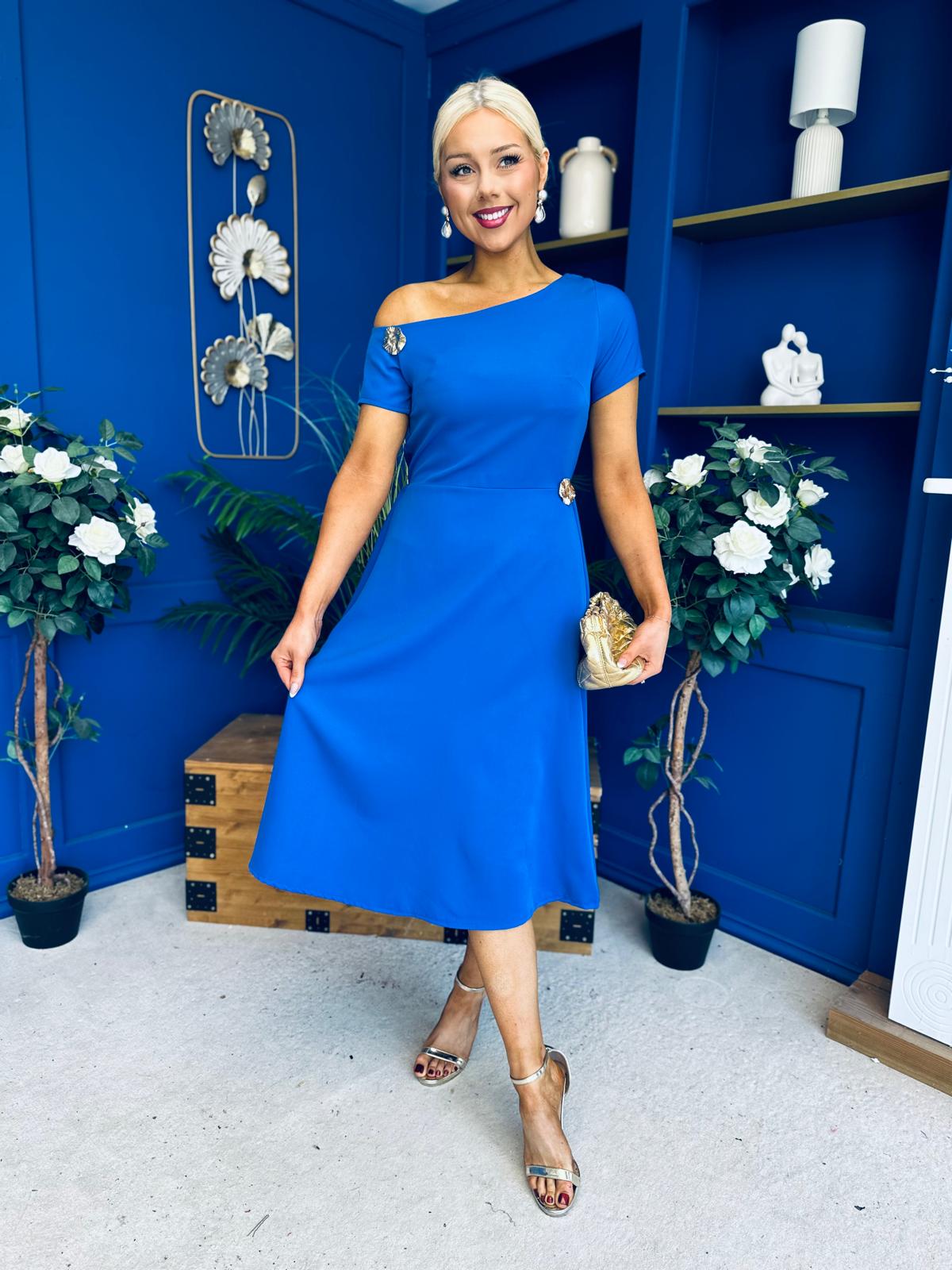Emily Asymmetric Detail Midi Dress Cobalt