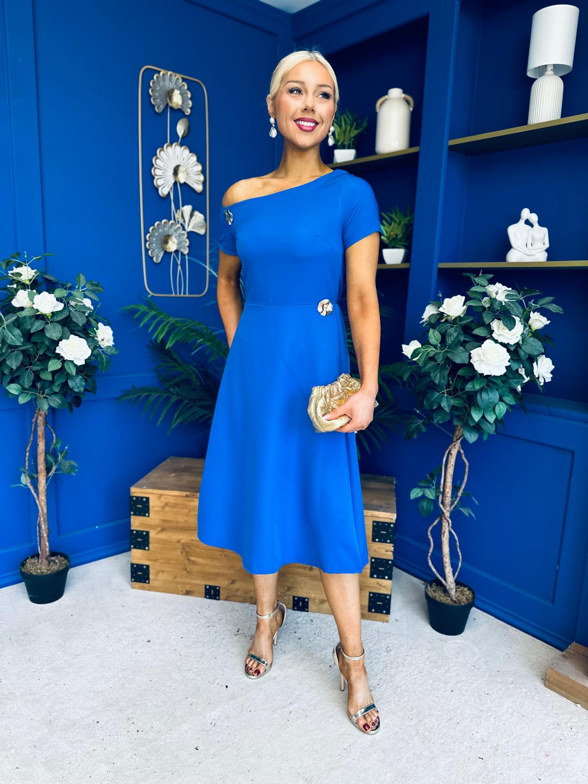 Emily Asymmetric Detail Midi Dress Cobalt