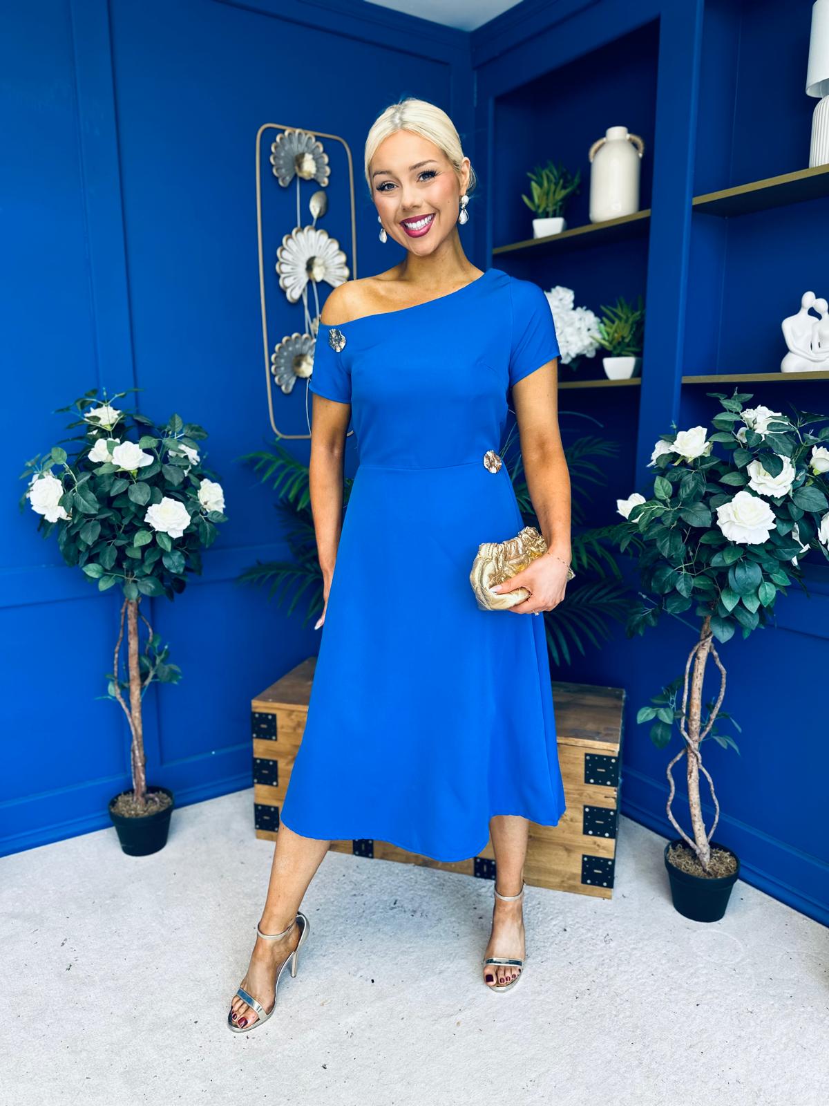Emily Asymmetric Detail Midi Dress Cobalt