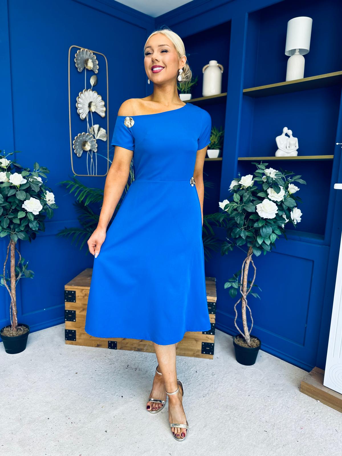 Emily Asymmetric Detail Midi Dress Cobalt
