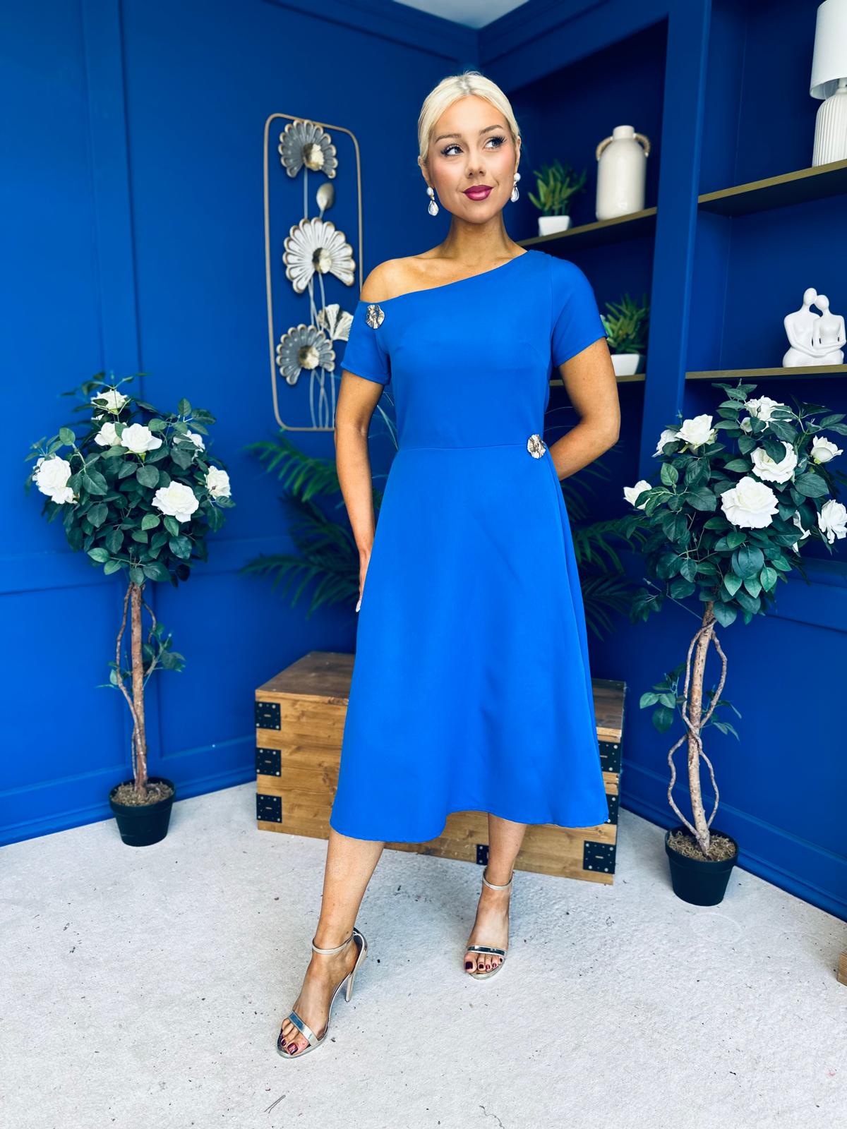 Emily Asymmetric Detail Midi Dress Cobalt