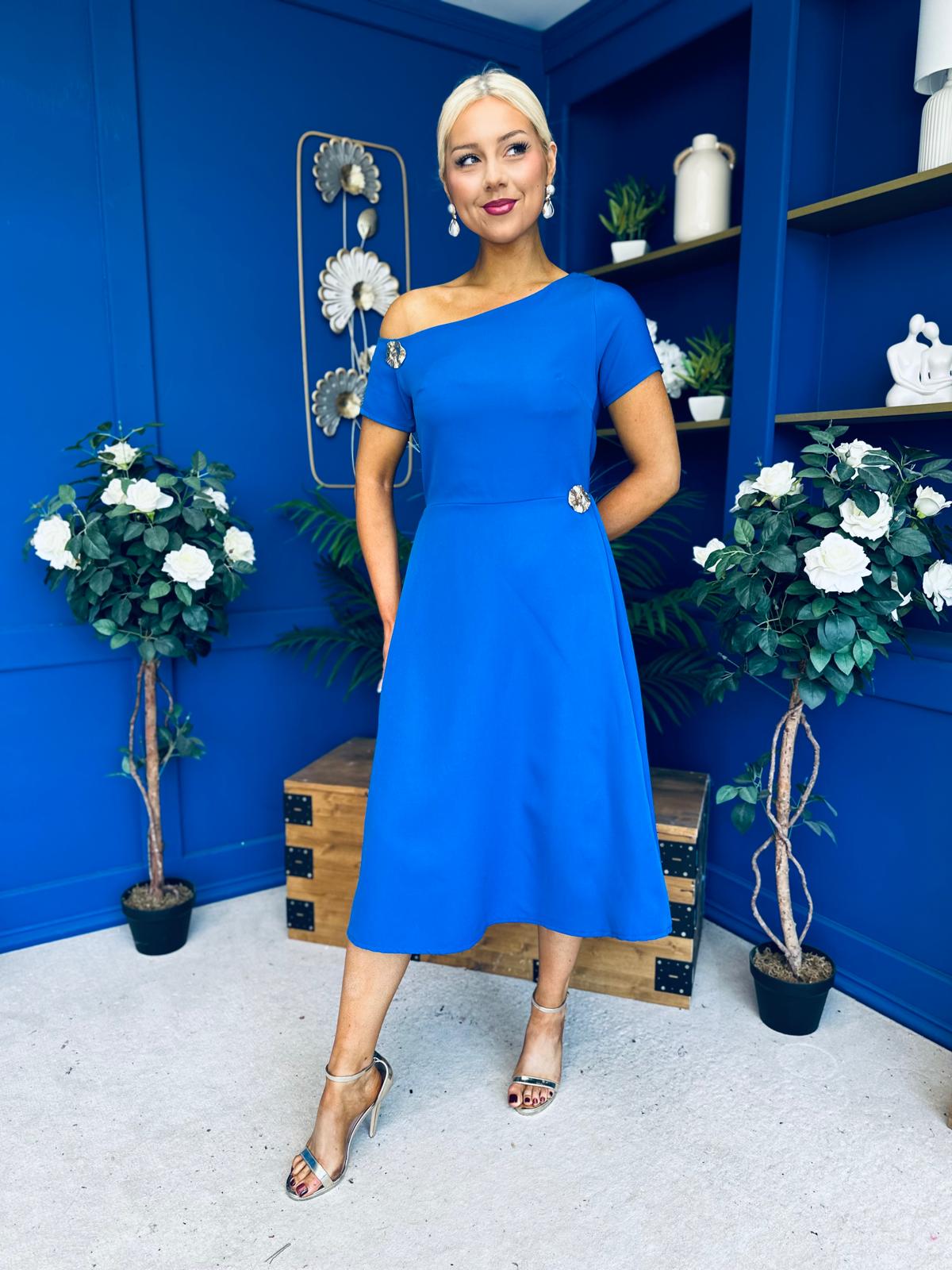 Emily Asymmetric Detail Midi Dress Cobalt