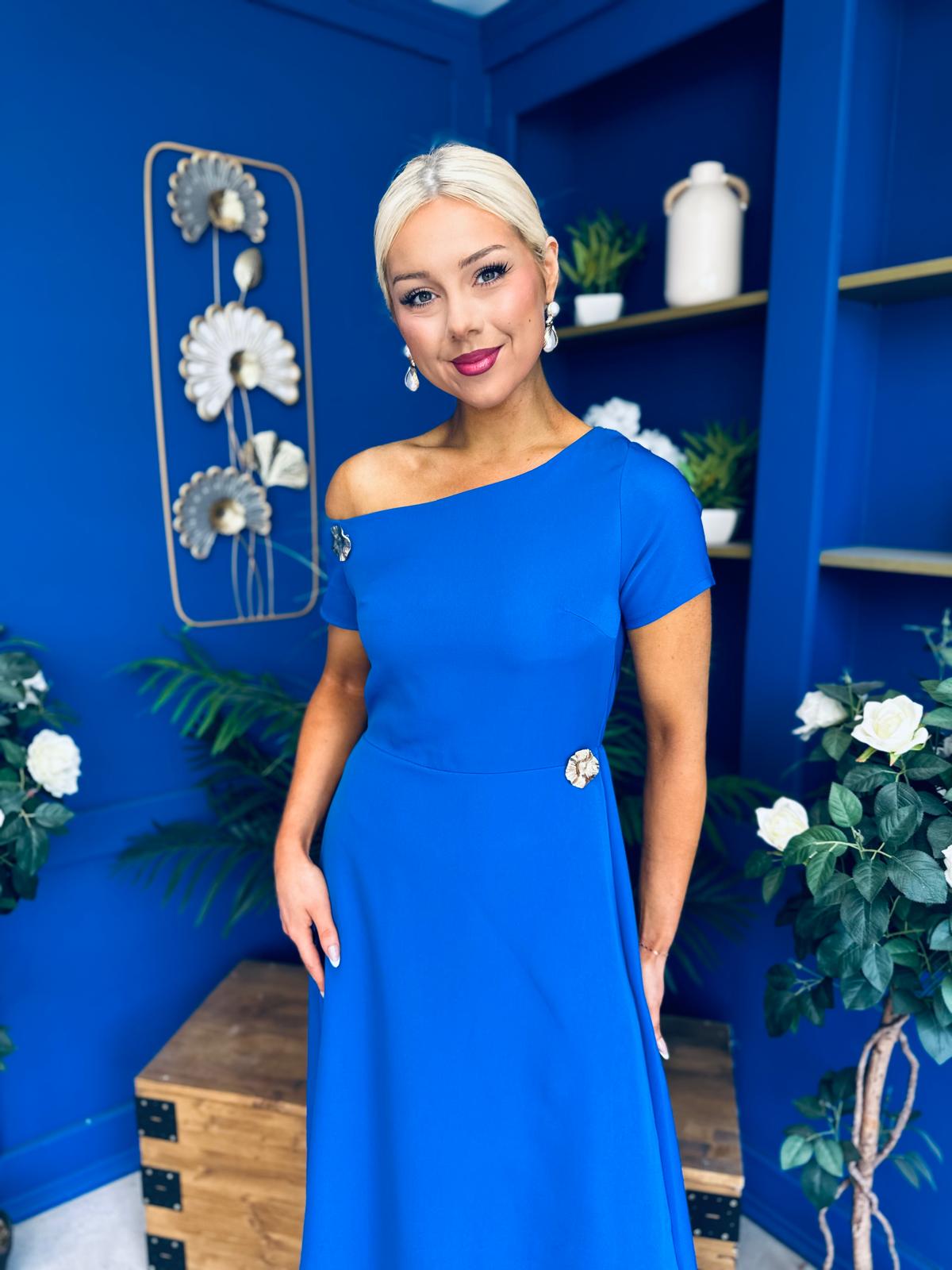 Emily Asymmetric Detail Midi Dress Cobalt