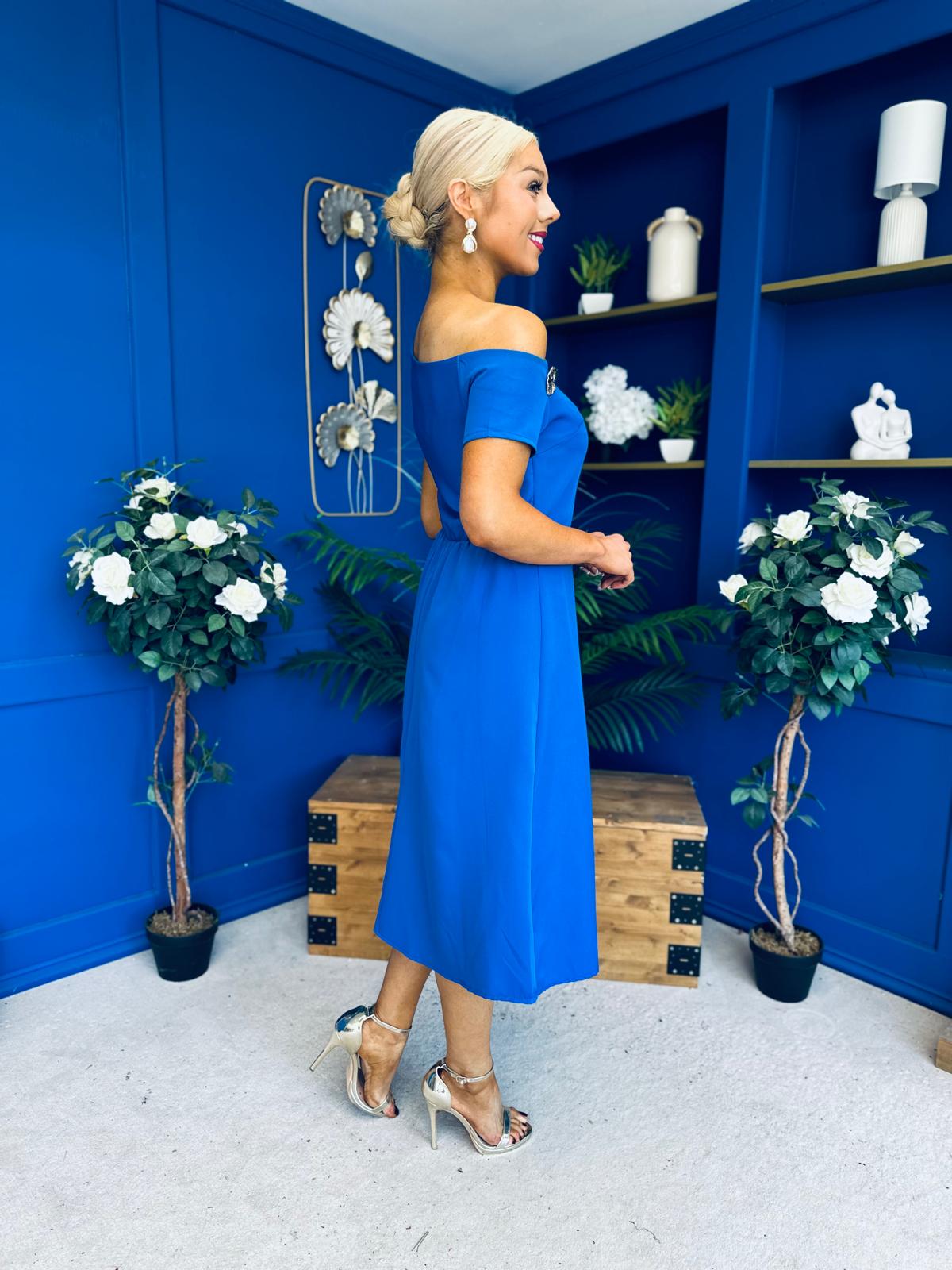 Emily Asymmetric Detail Midi Dress Cobalt
