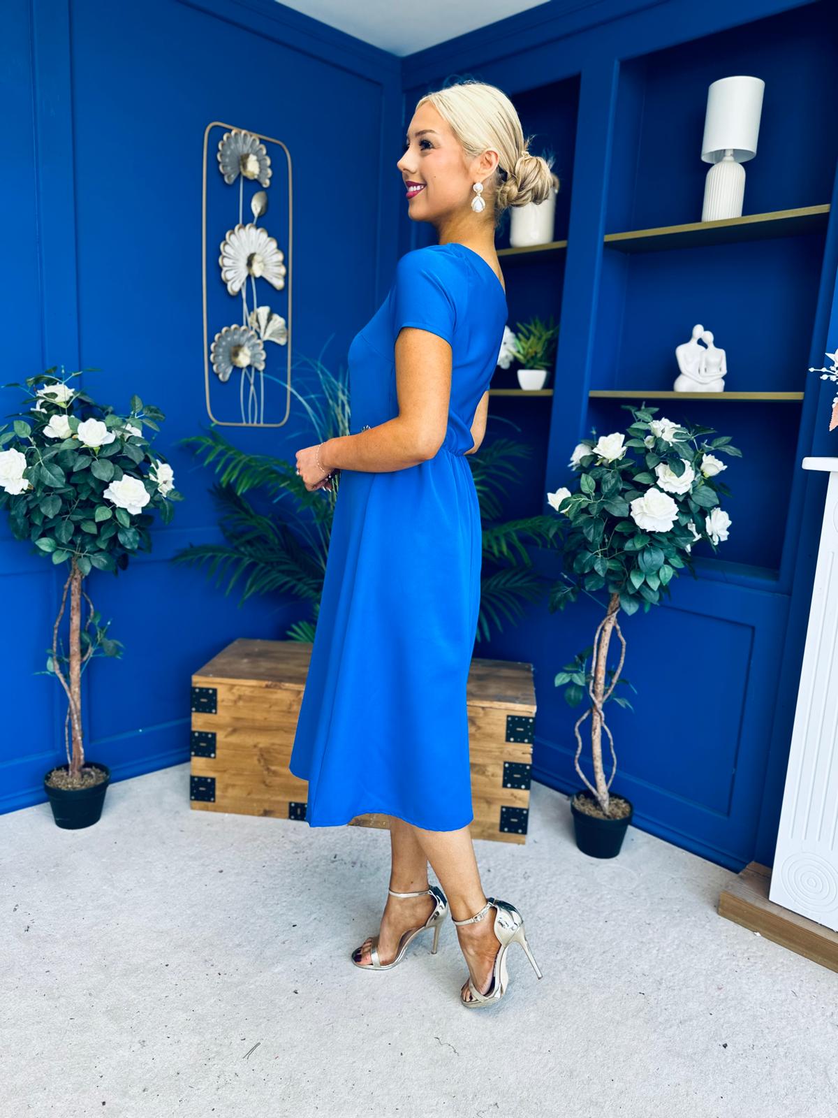 Emily Asymmetric Detail Midi Dress Cobalt