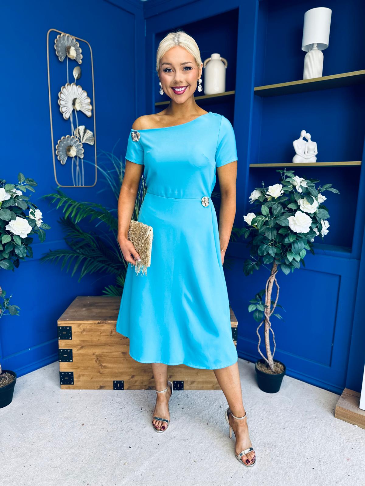 Emily Asymmetric Detail Midi Dress Sky