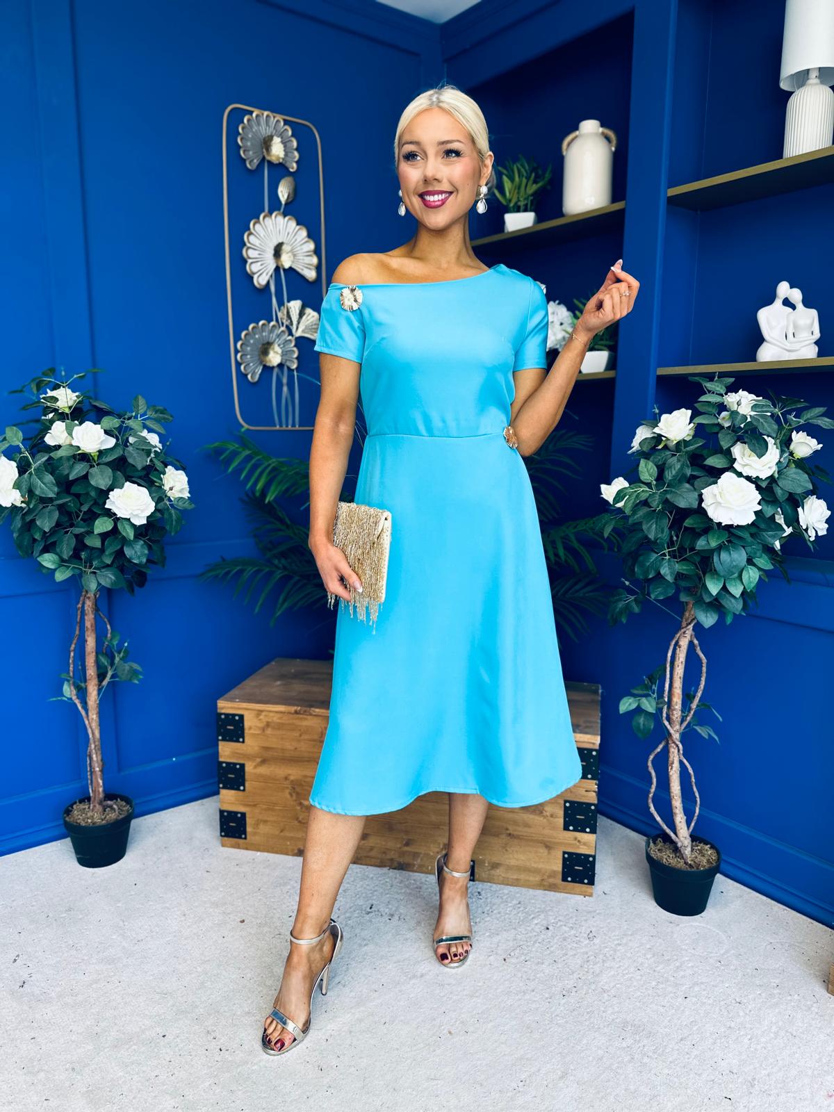 Emily Asymmetric Detail Midi Dress Sky