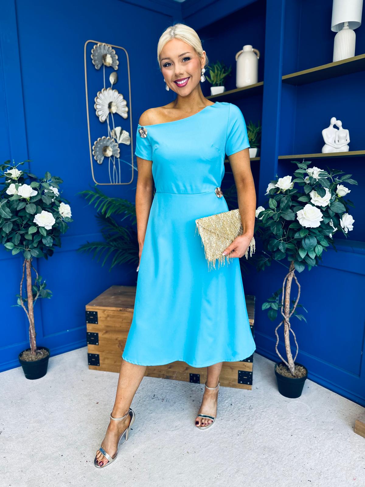 Emily Asymmetric Detail Midi Dress Sky