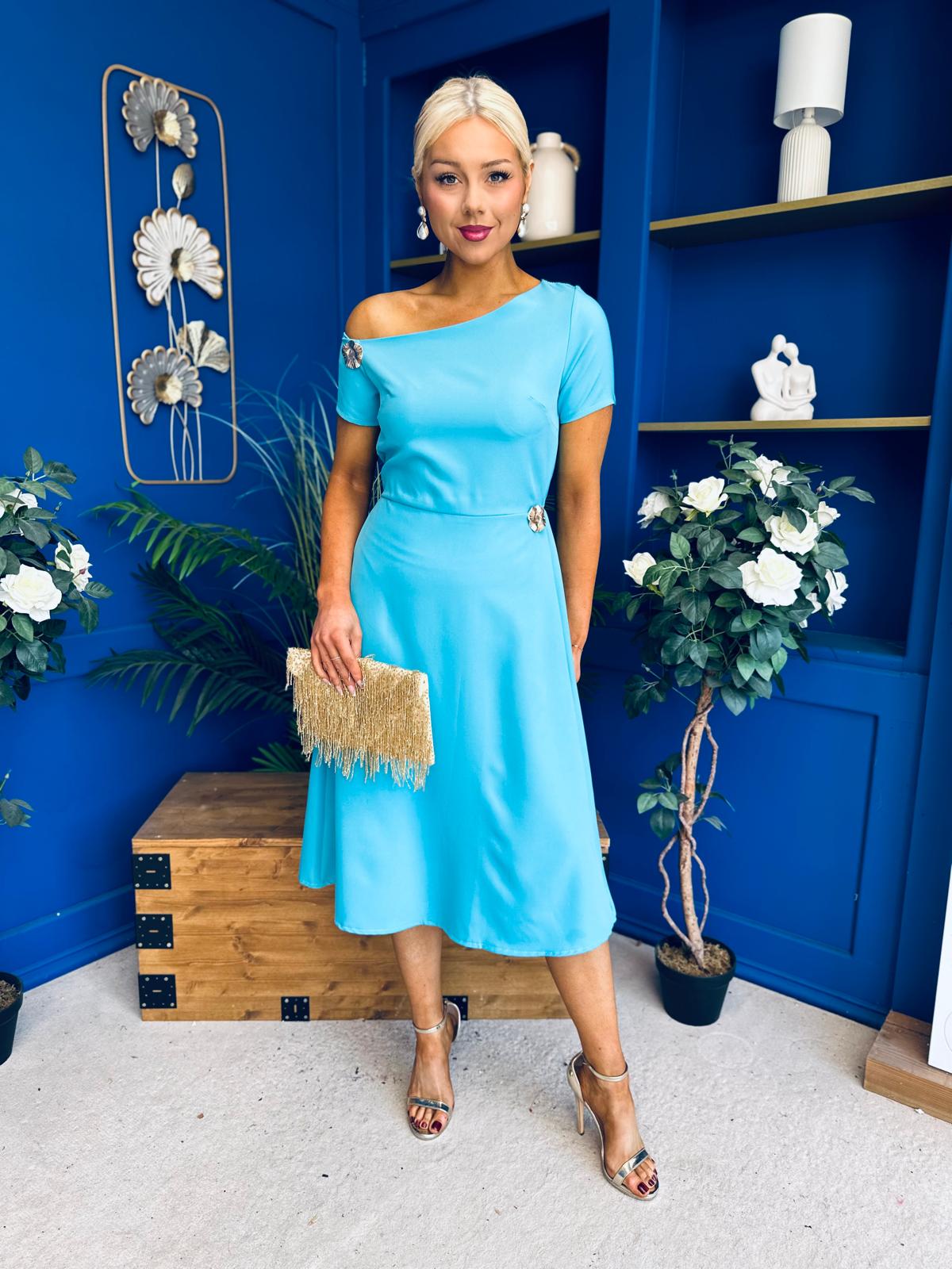 Emily Asymmetric Detail Midi Dress Sky
