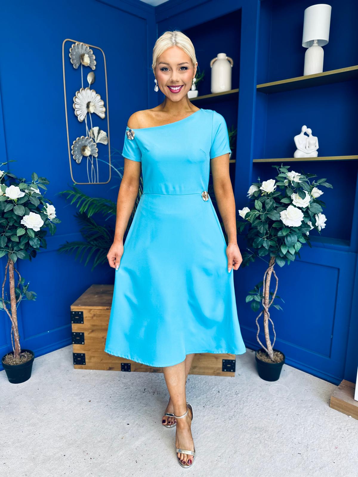 Emily Asymmetric Detail Midi Dress Sky