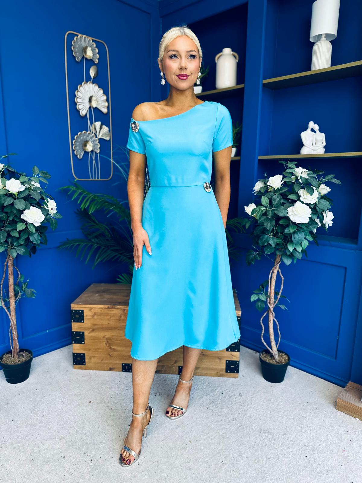 Emily Asymmetric Detail Midi Dress Sky