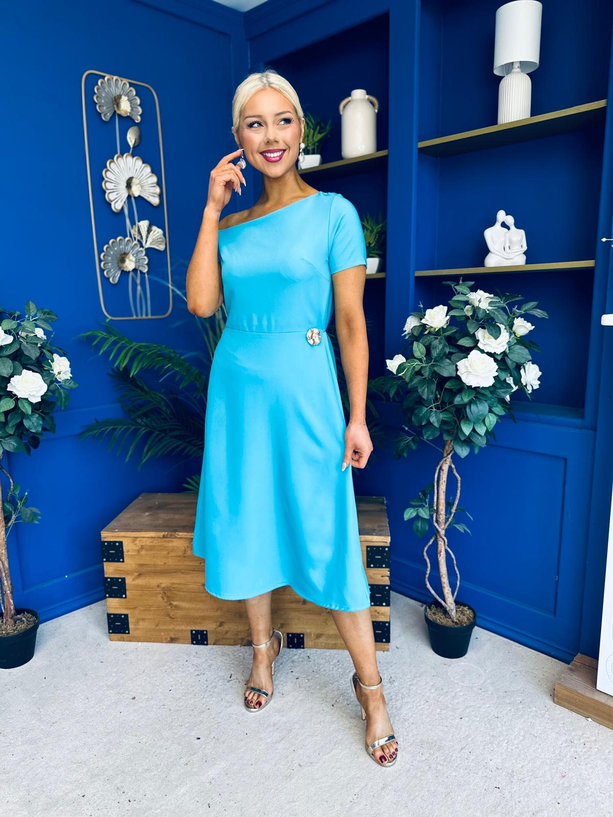 Emily Asymmetric Detail Midi Dress Sky