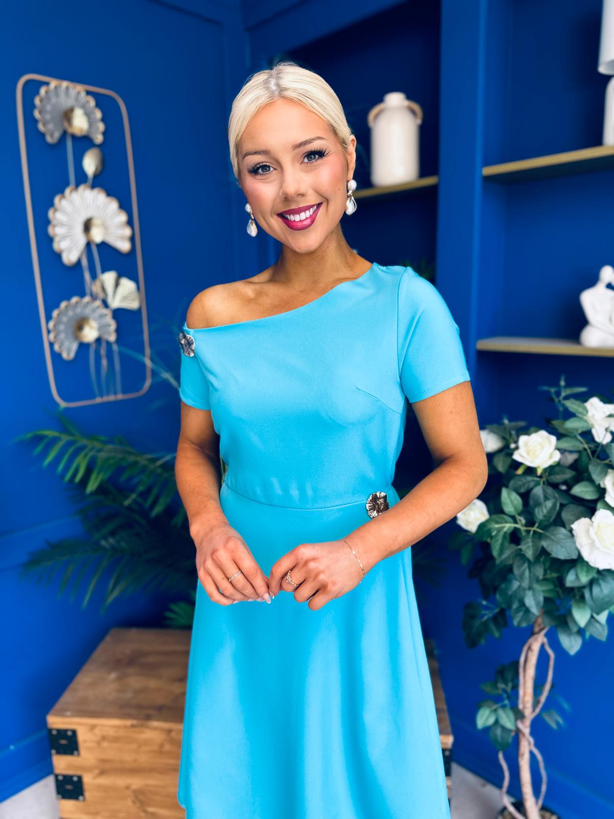 Emily Asymmetric Detail Midi Dress Sky