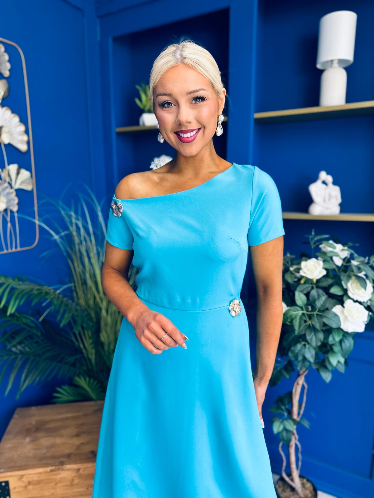 Emily Asymmetric Detail Midi Dress Sky