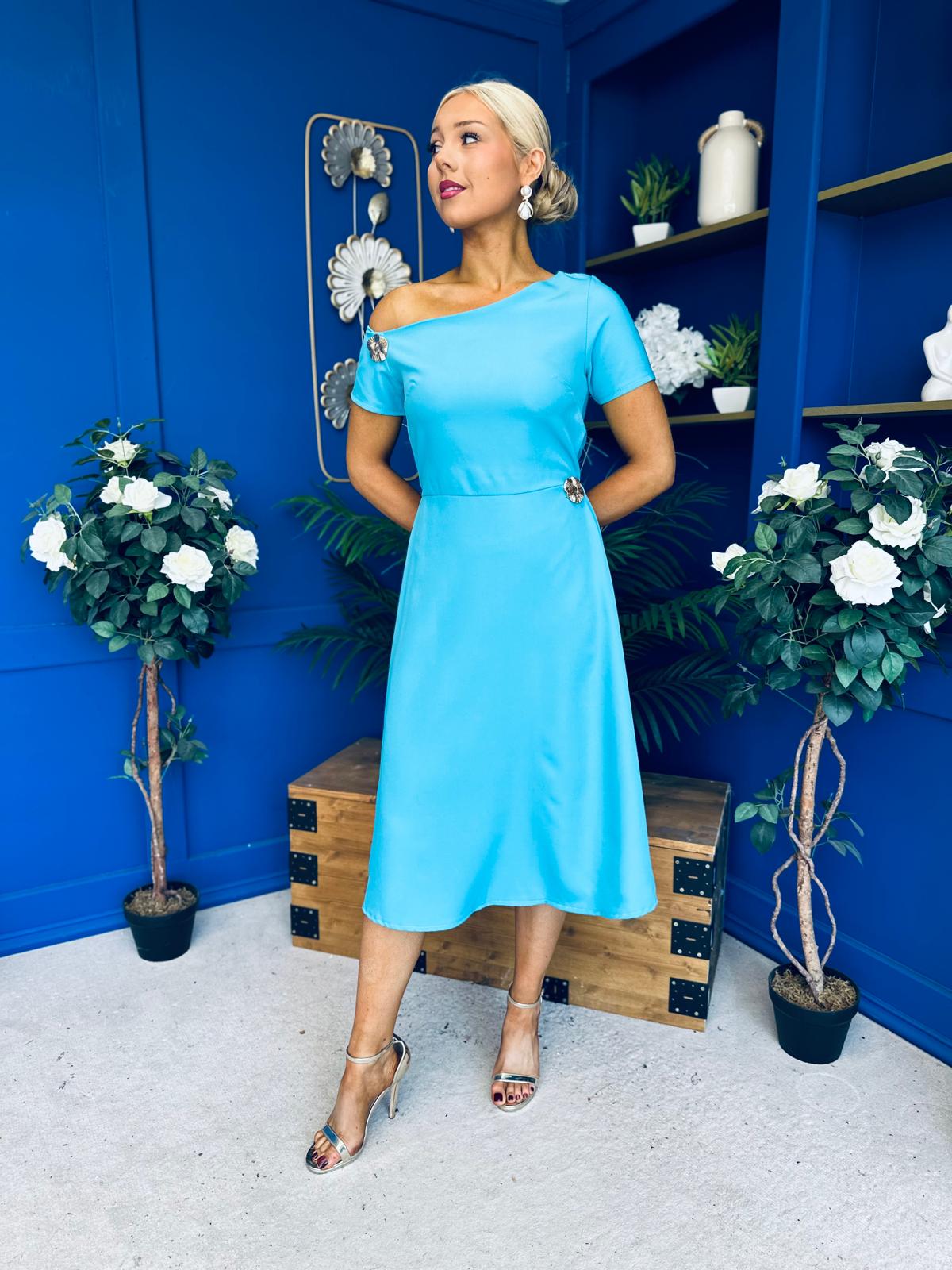 Emily Asymmetric Detail Midi Dress Sky