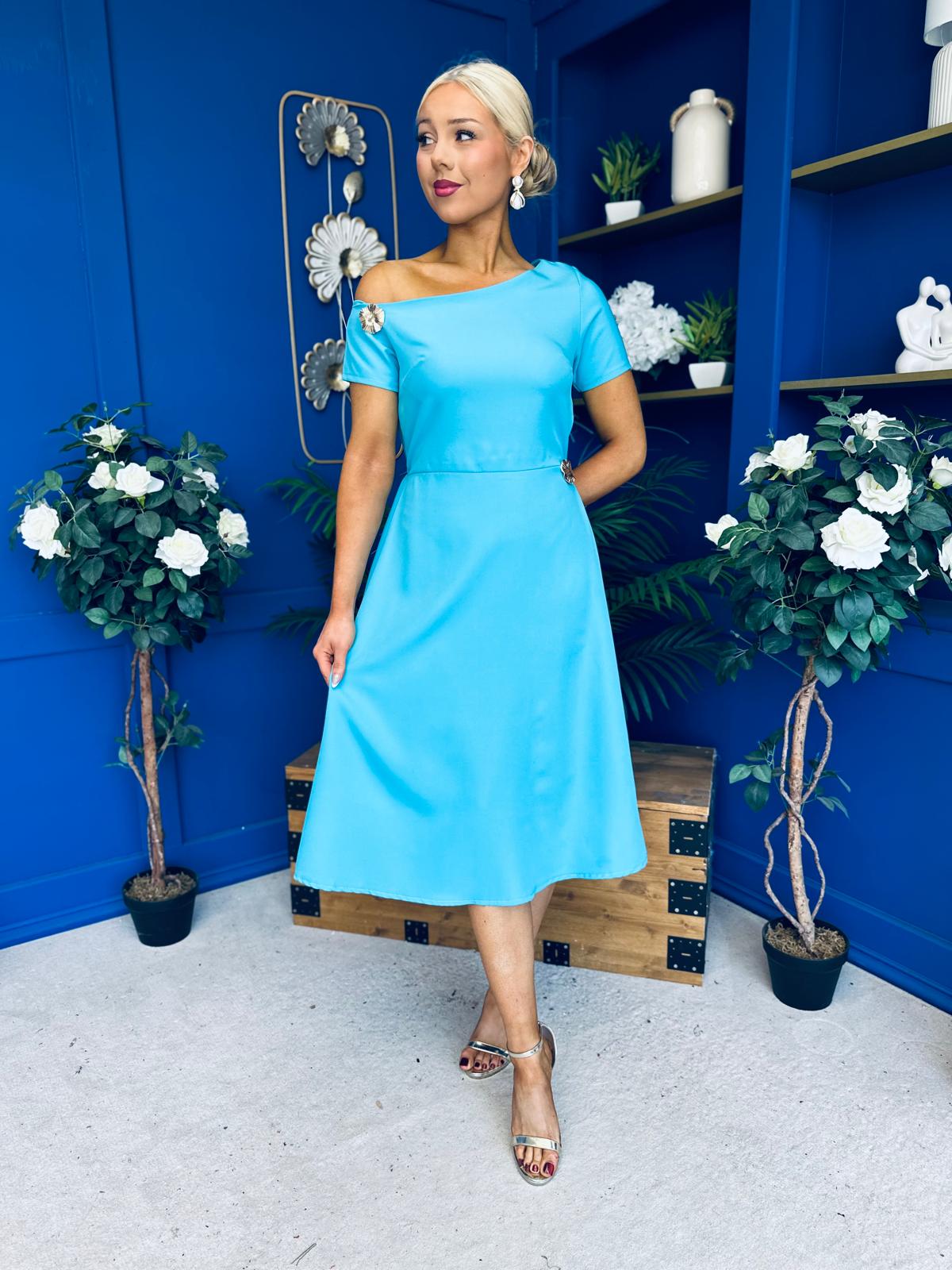 Emily Asymmetric Detail Midi Dress Sky