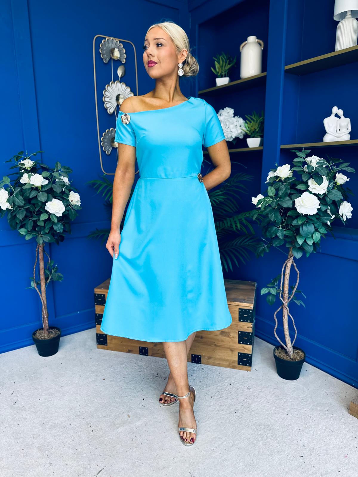 Emily Asymmetric Detail Midi Dress Sky