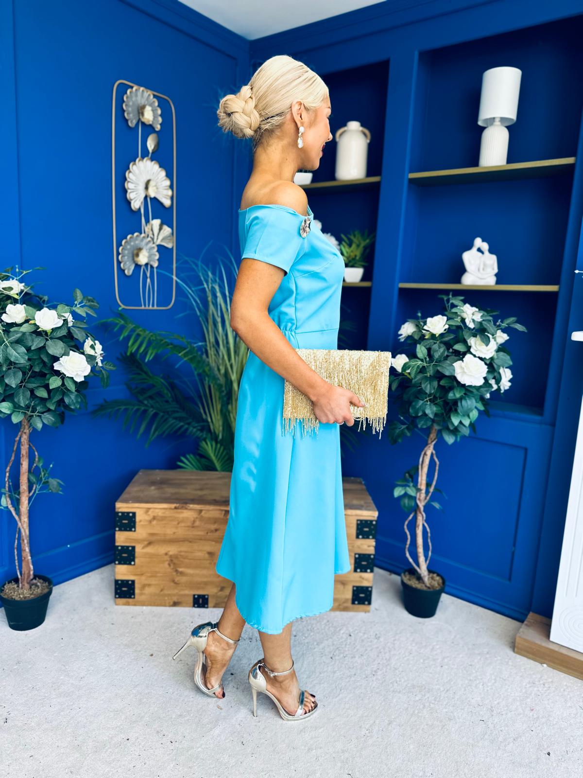 Emily Asymmetric Detail Midi Dress Sky
