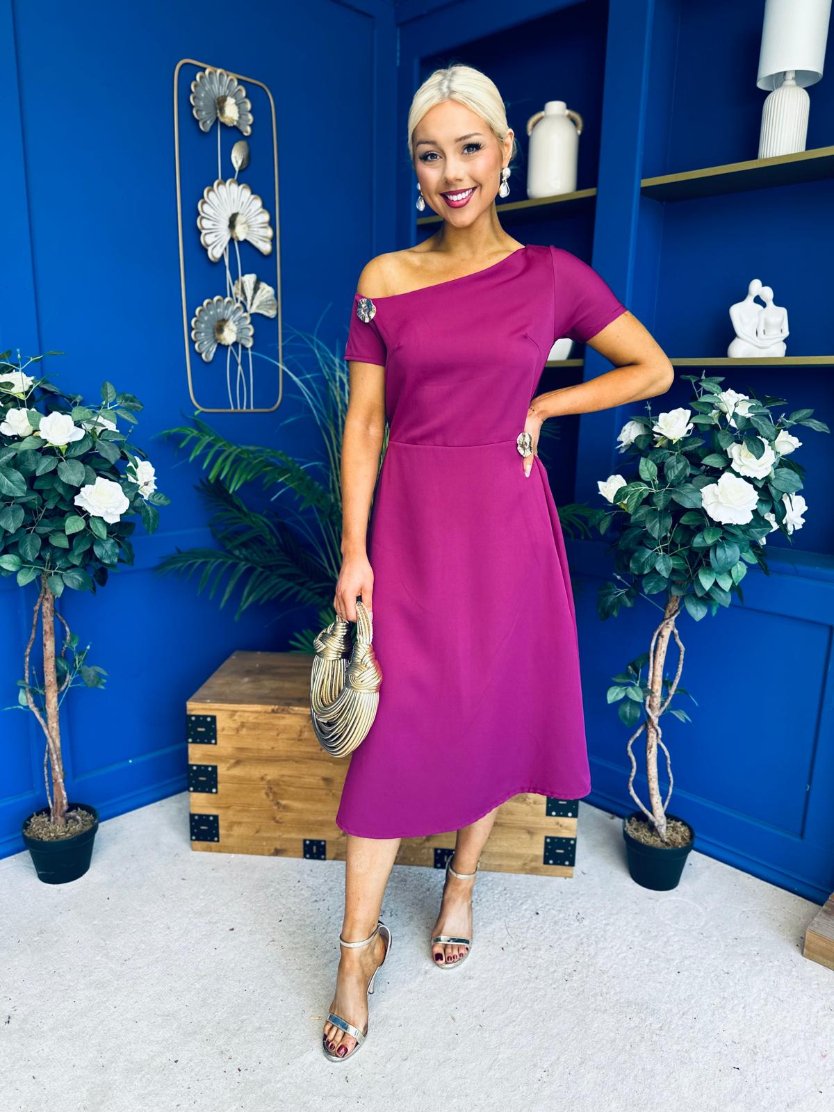Emily Asymmetric Detail Midi Dress Berry