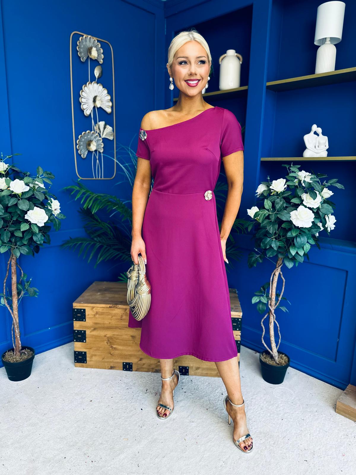 Emily Asymmetric Detail Midi Dress Berry