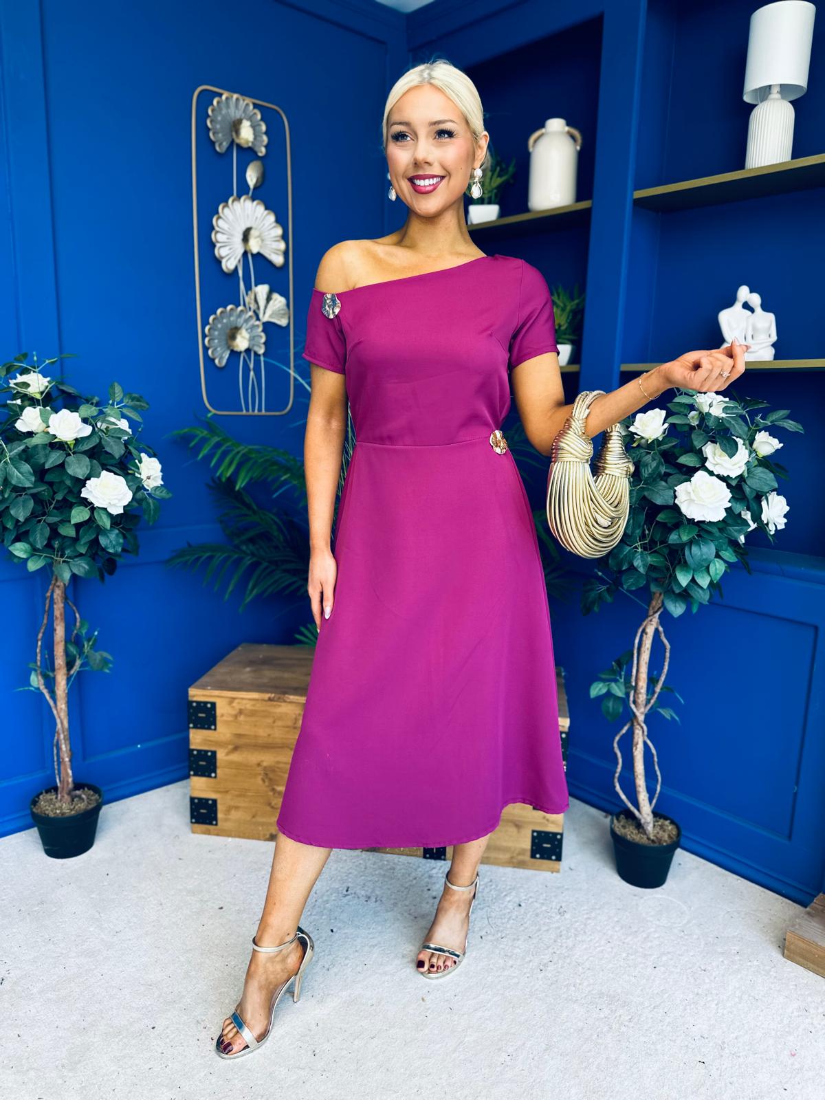 Emily Asymmetric Detail Midi Dress Berry