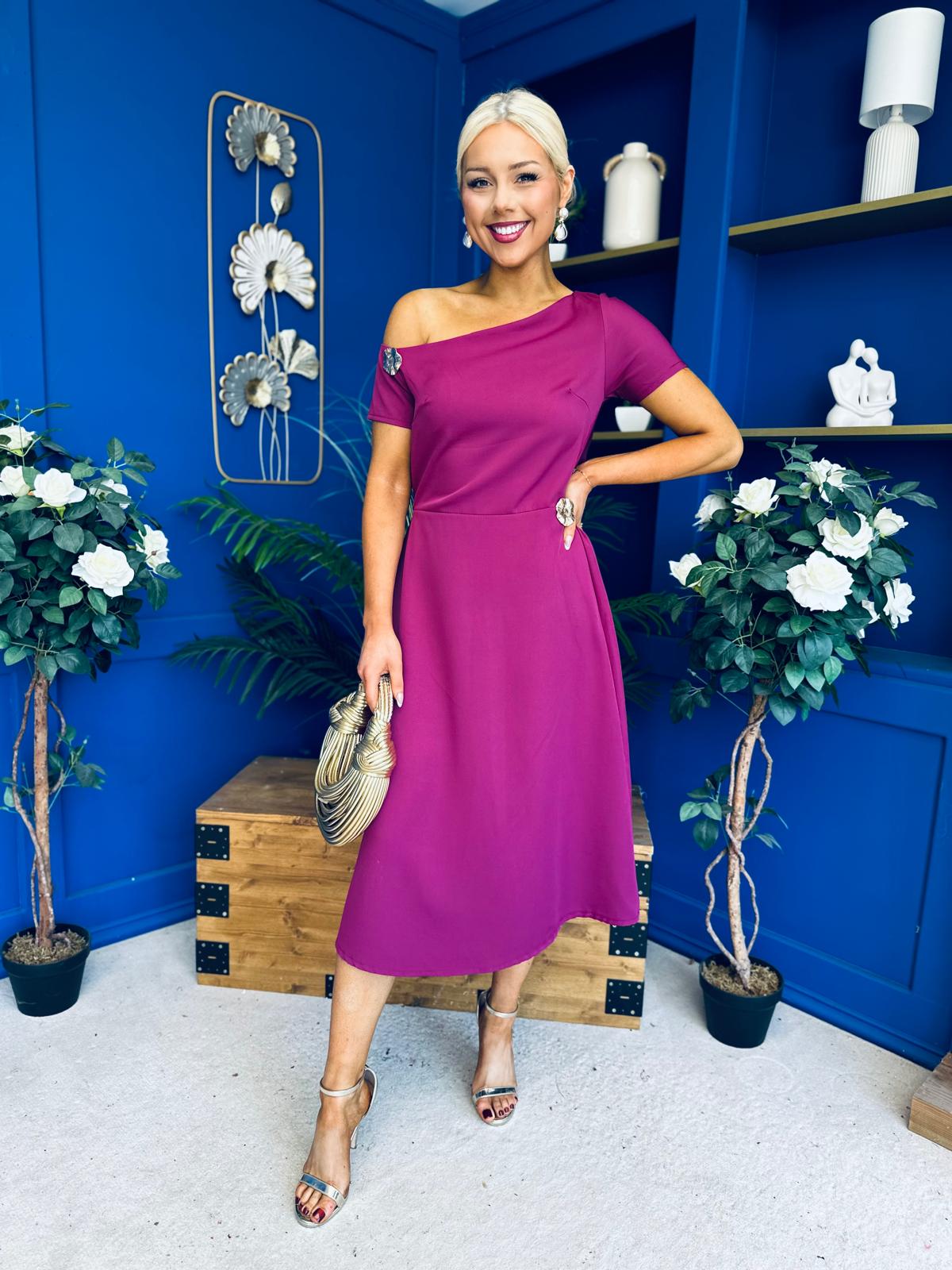 Emily Asymmetric Detail Midi Dress Berry
