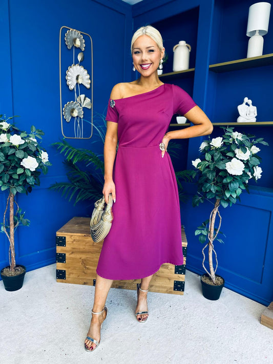 Emily Asymmetric Detail Midi Dress Berry