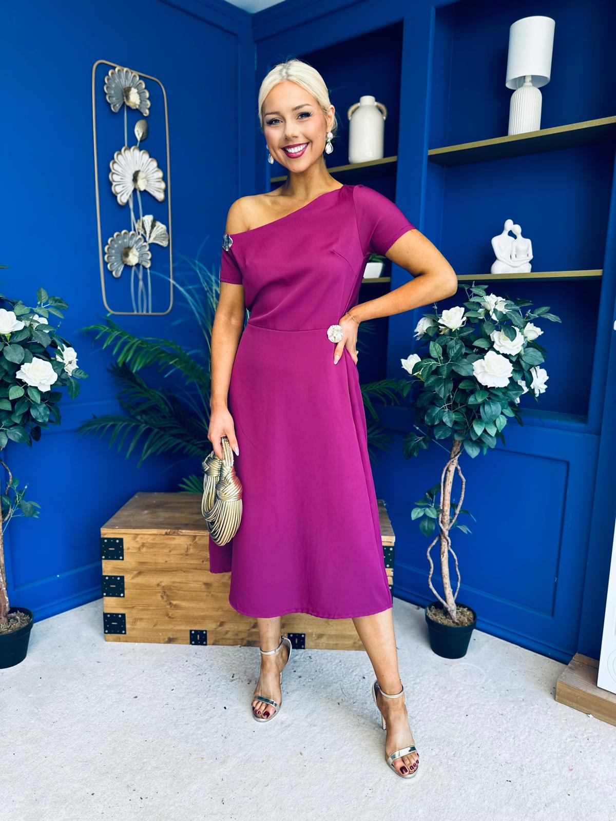Emily Asymmetric Detail Midi Dress Berry