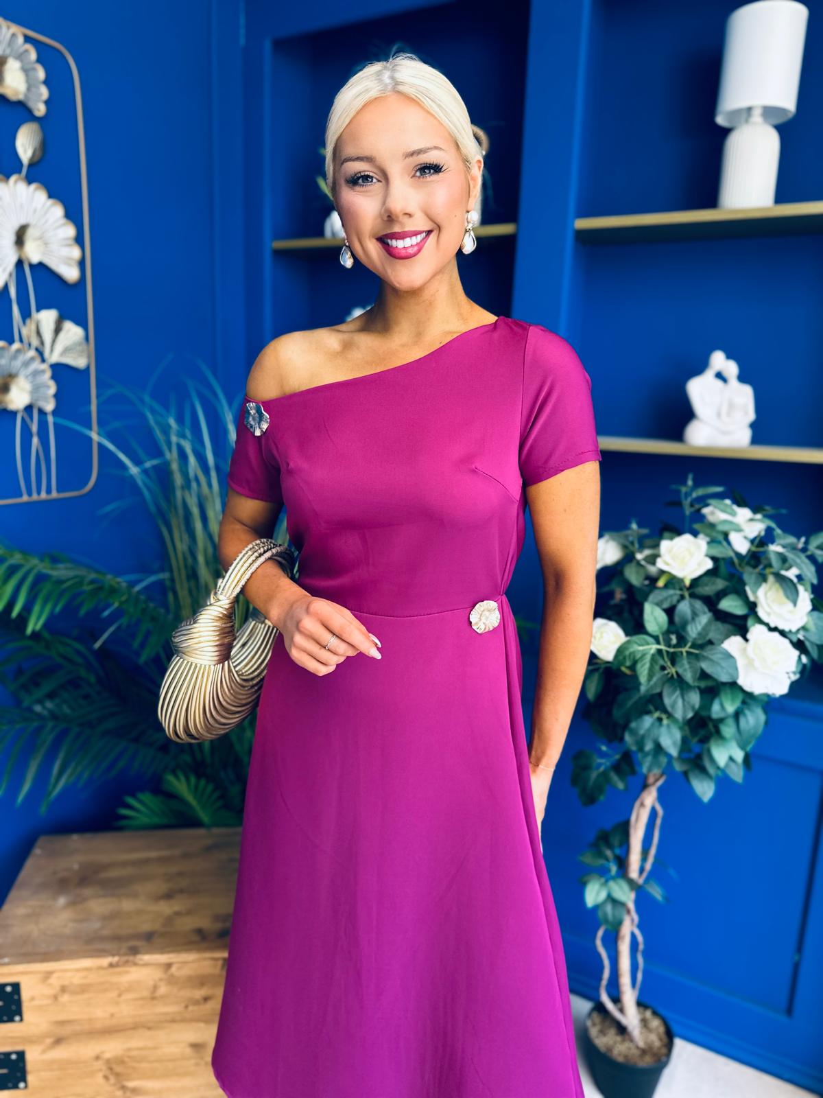 Emily Asymmetric Detail Midi Dress Berry