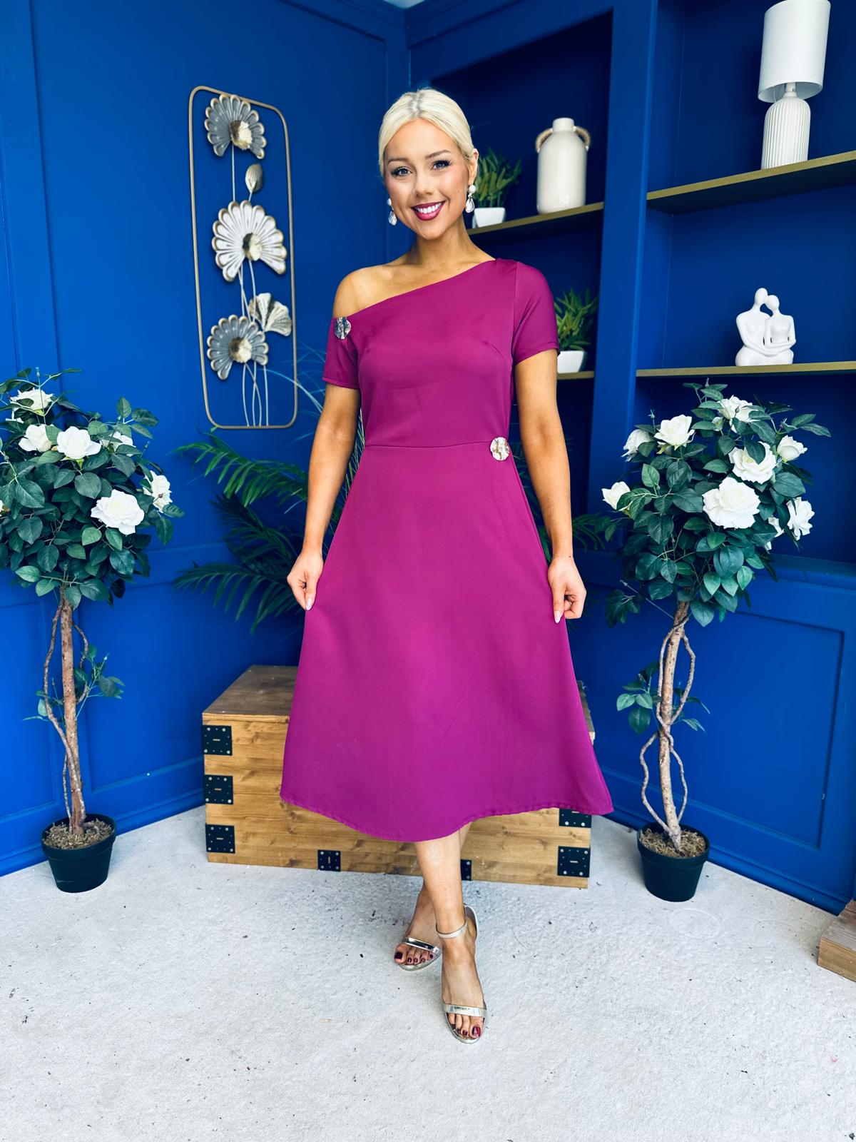 Emily Asymmetric Detail Midi Dress Berry