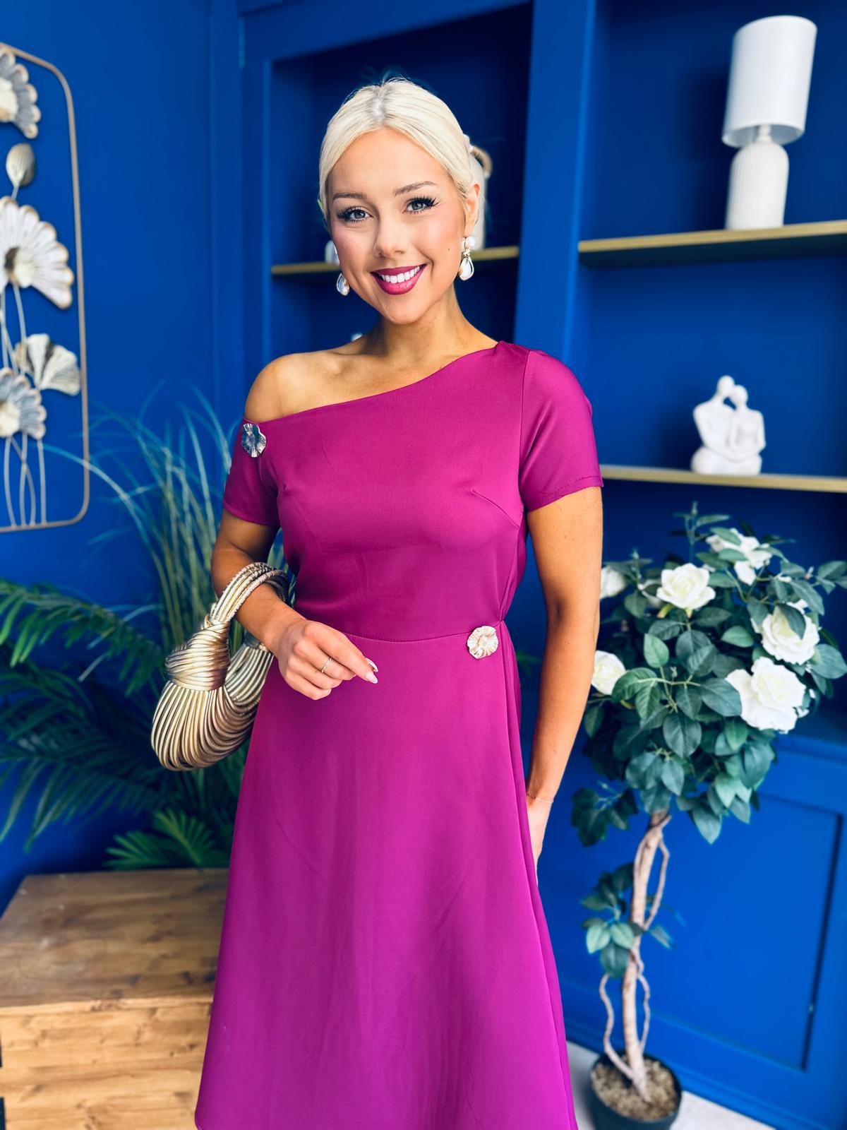 Emily Asymmetric Detail Midi Dress Berry