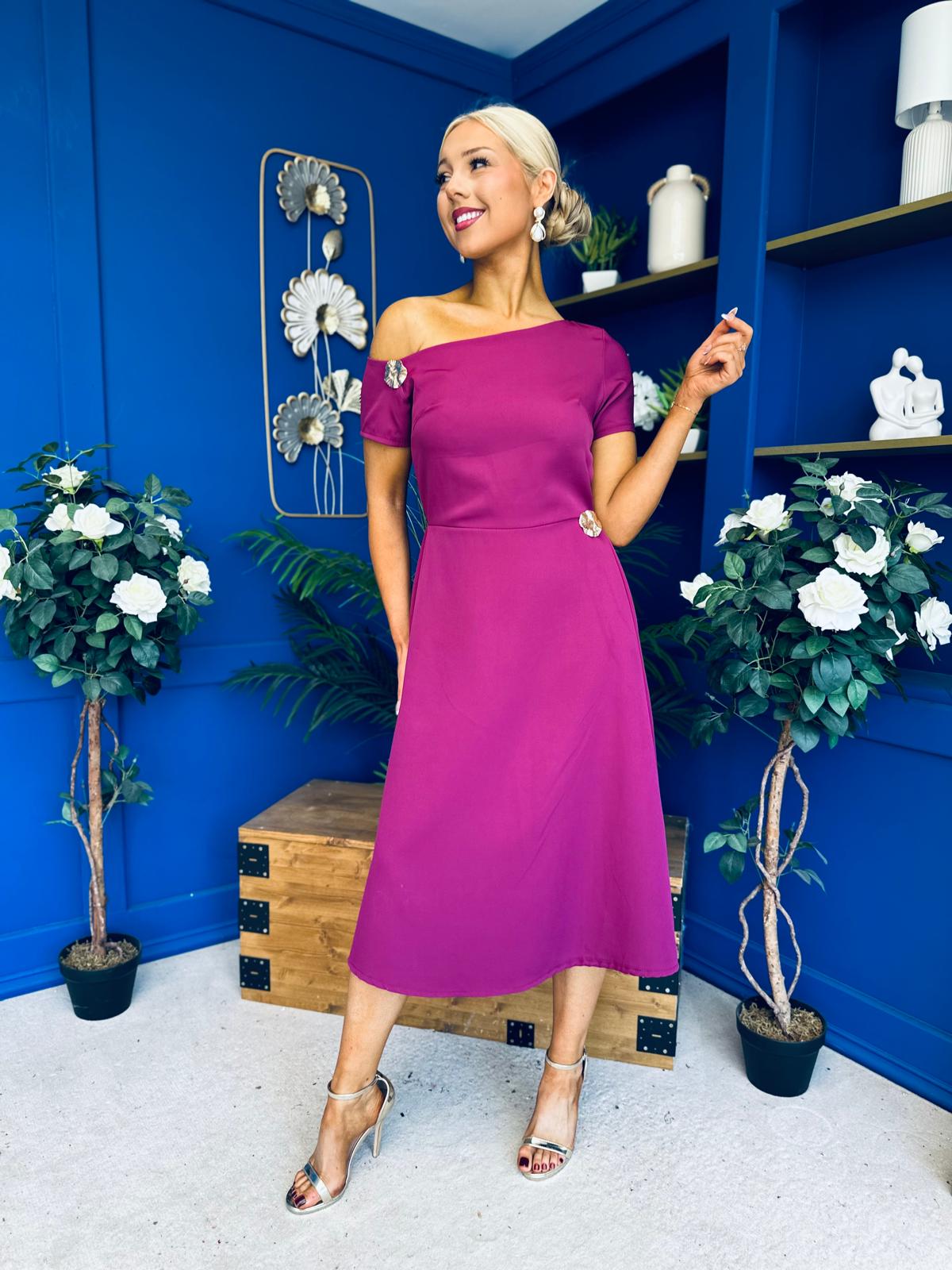Emily Asymmetric Detail Midi Dress Berry