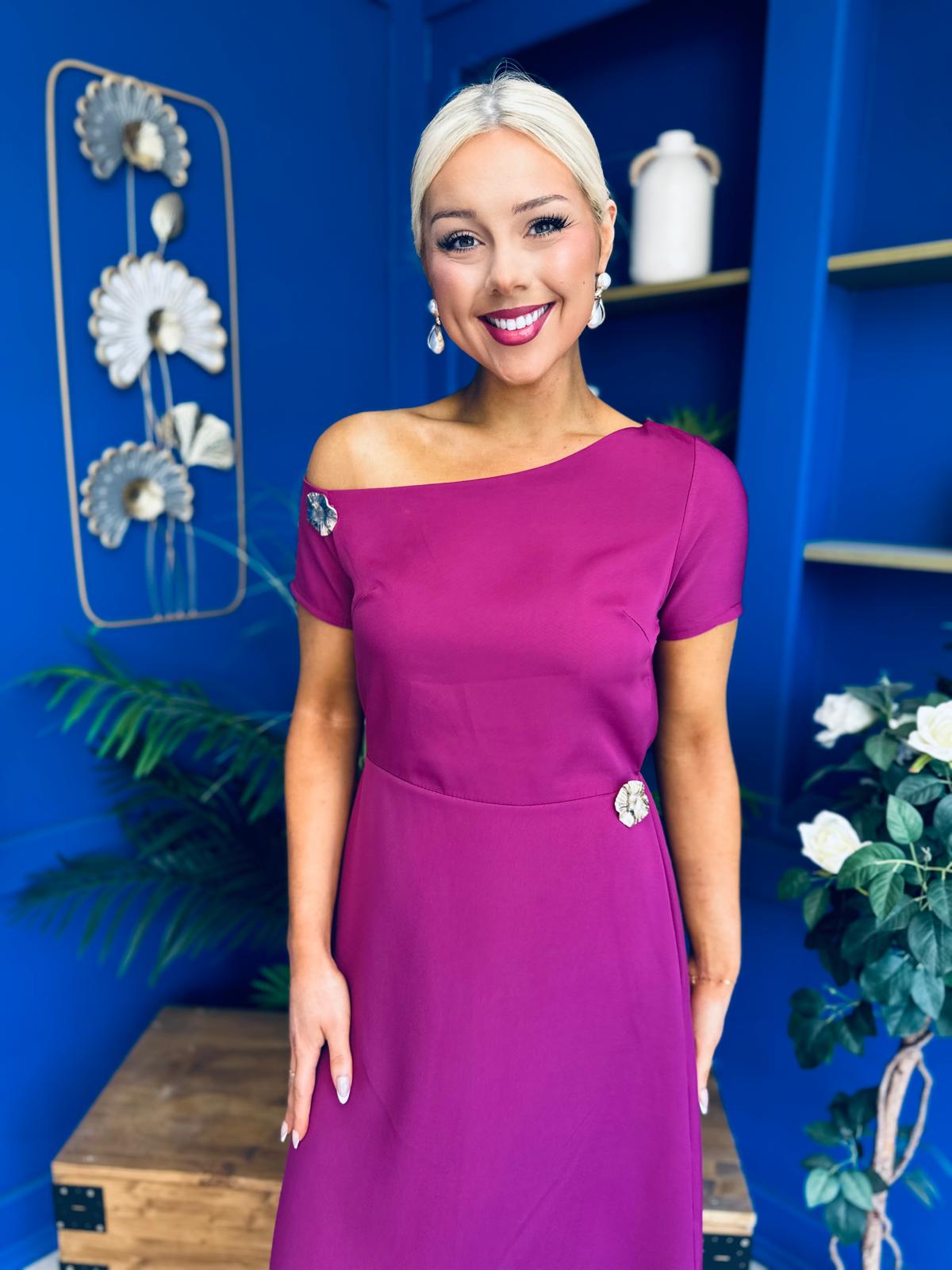 Emily Asymmetric Detail Midi Dress Berry