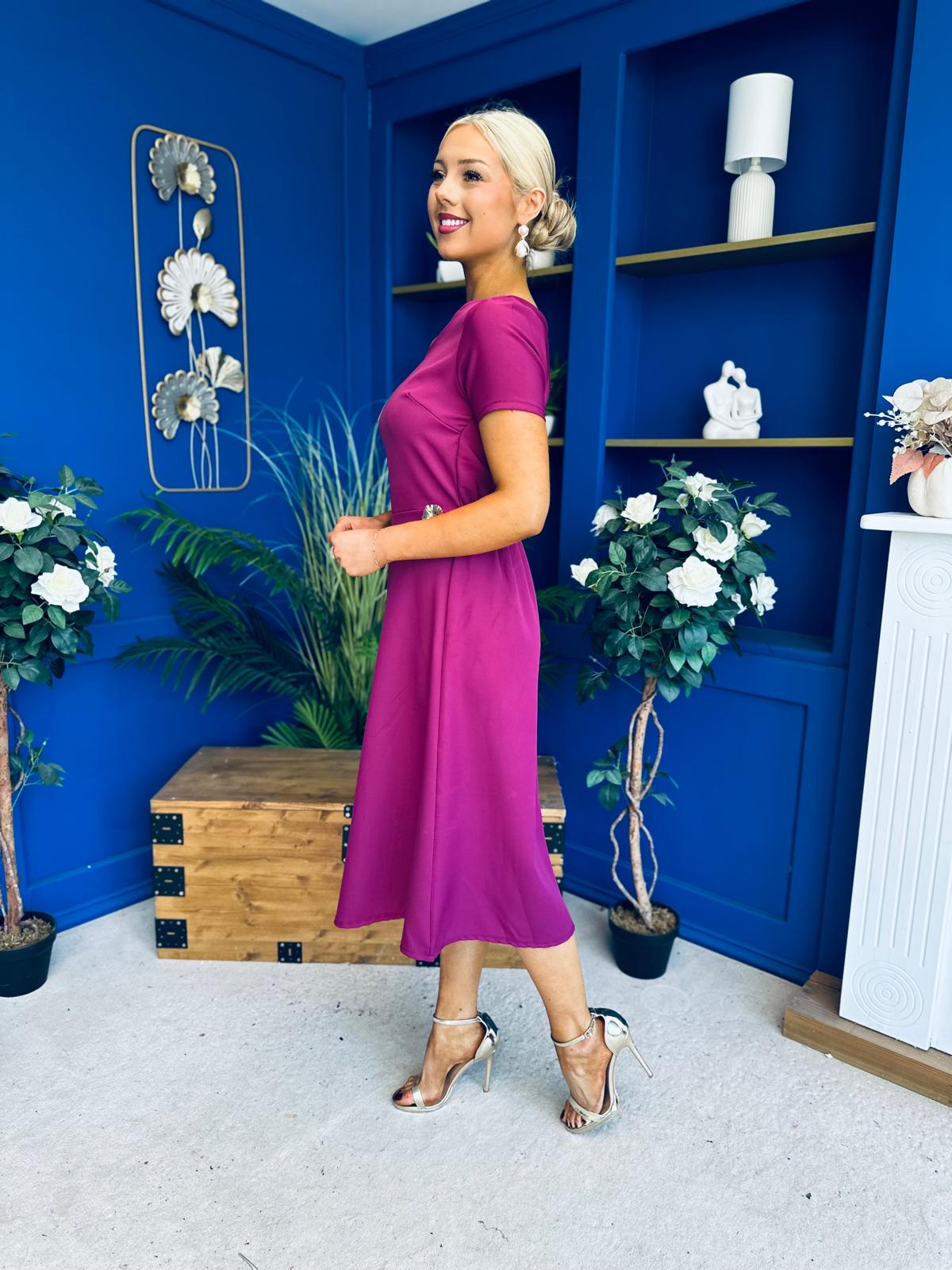Emily Asymmetric Detail Midi Dress Berry