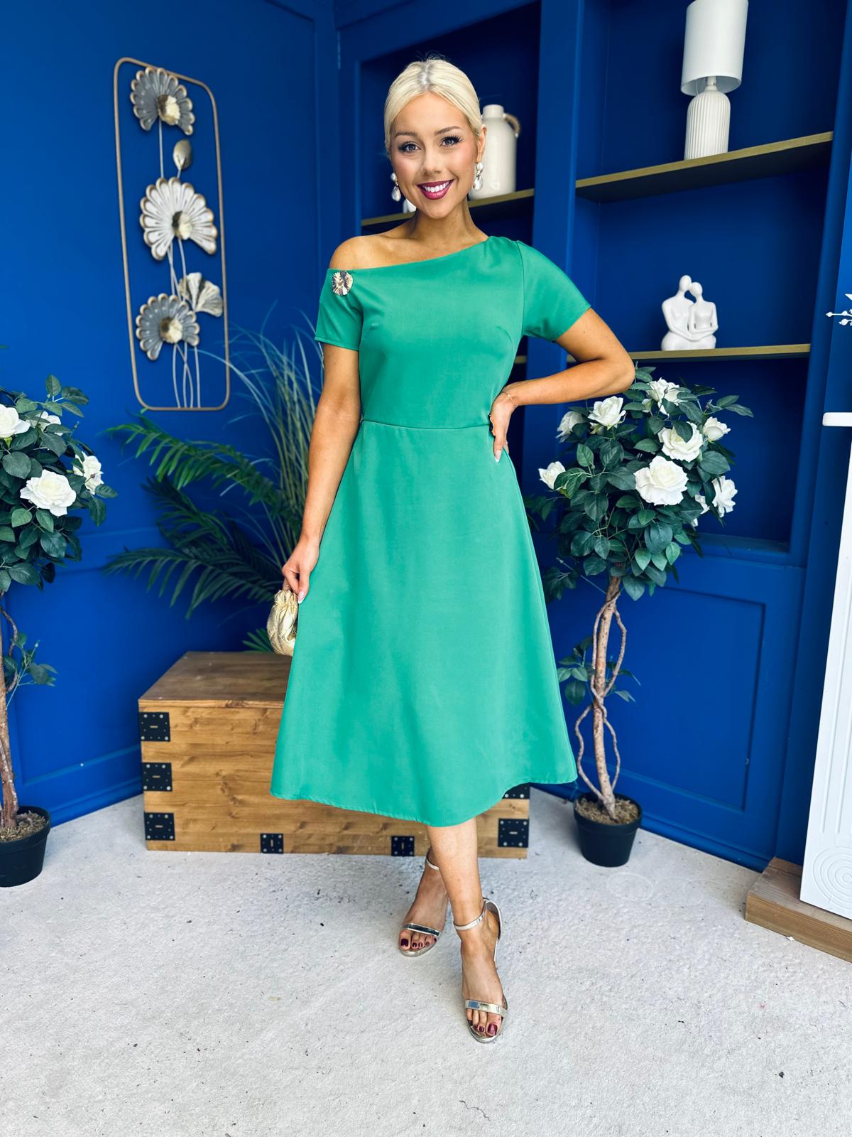 Emily Asymmetric Detail Midi Dress Emerald