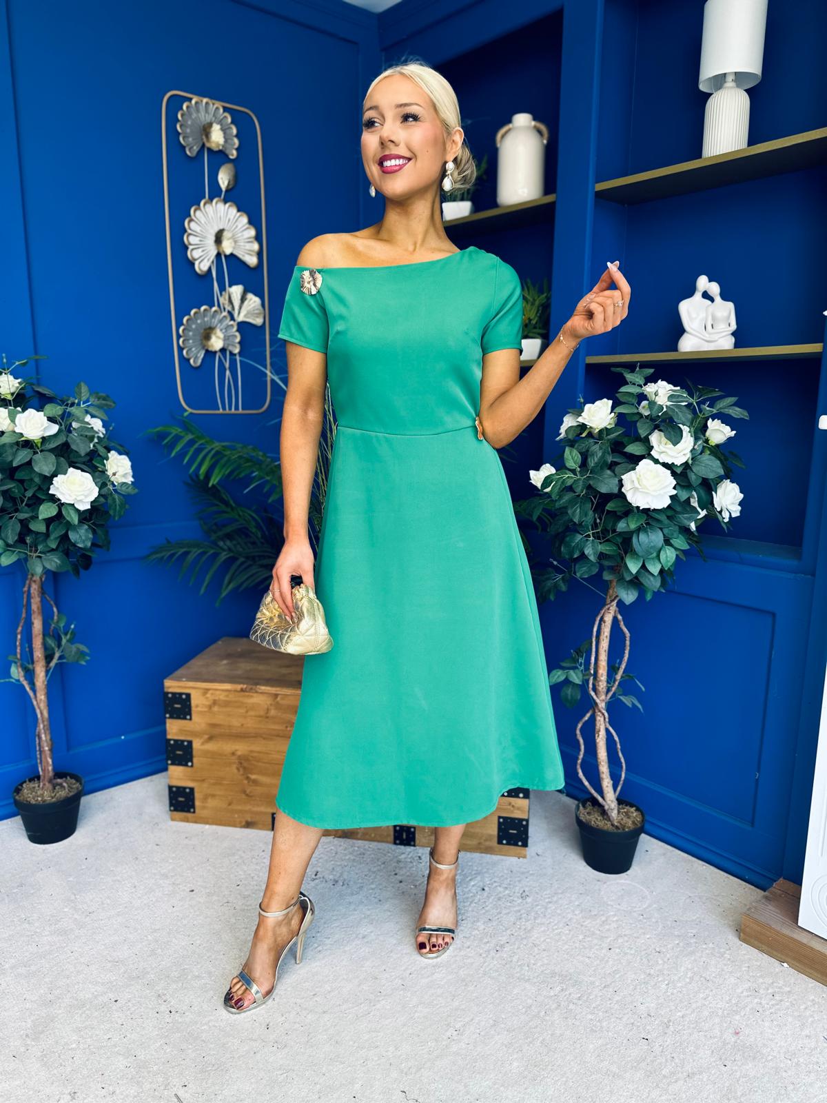 Emily Asymmetric Detail Midi Dress Emerald
