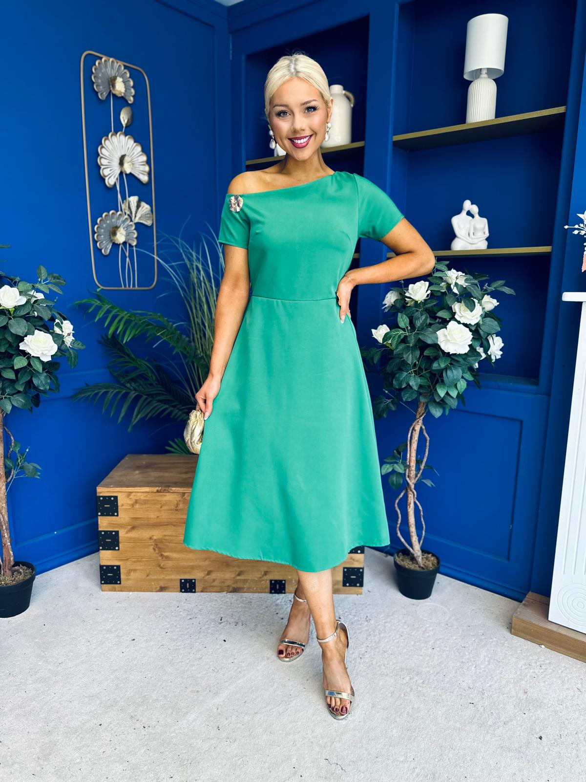 Emily Asymmetric Detail Midi Dress Emerald