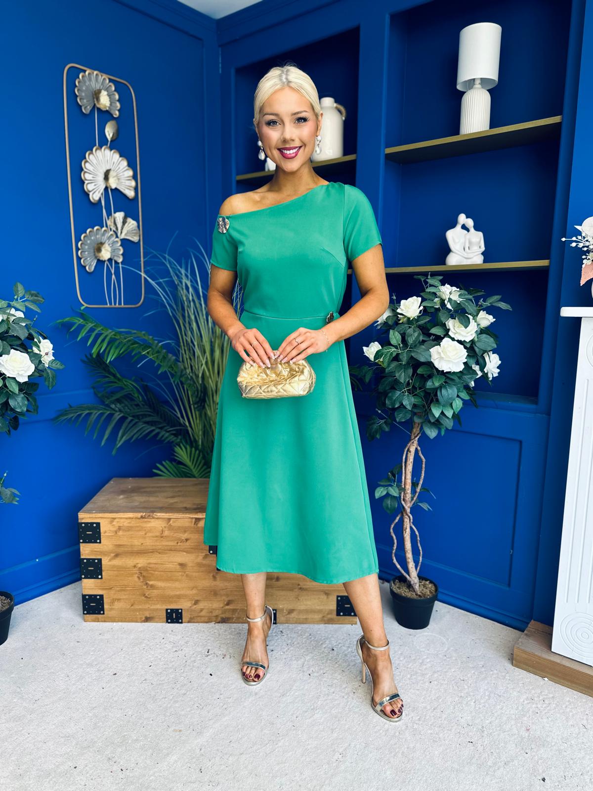 Emily Asymmetric Detail Midi Dress Emerald