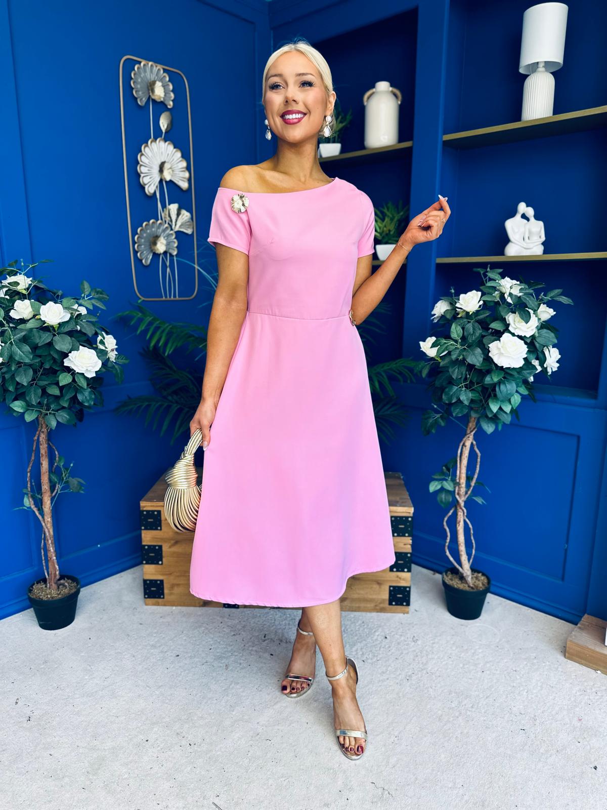 Emily Asymmetric Detail Midi Dress Pink