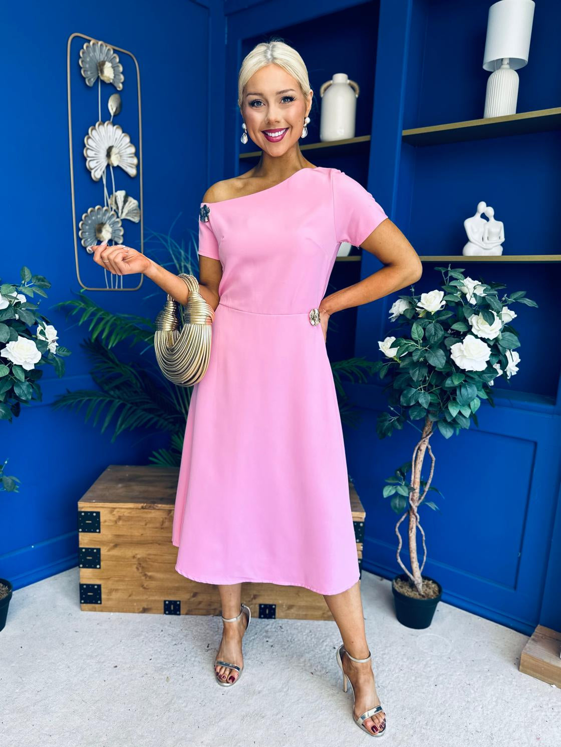 Emily Asymmetric Detail Midi Dress Pink