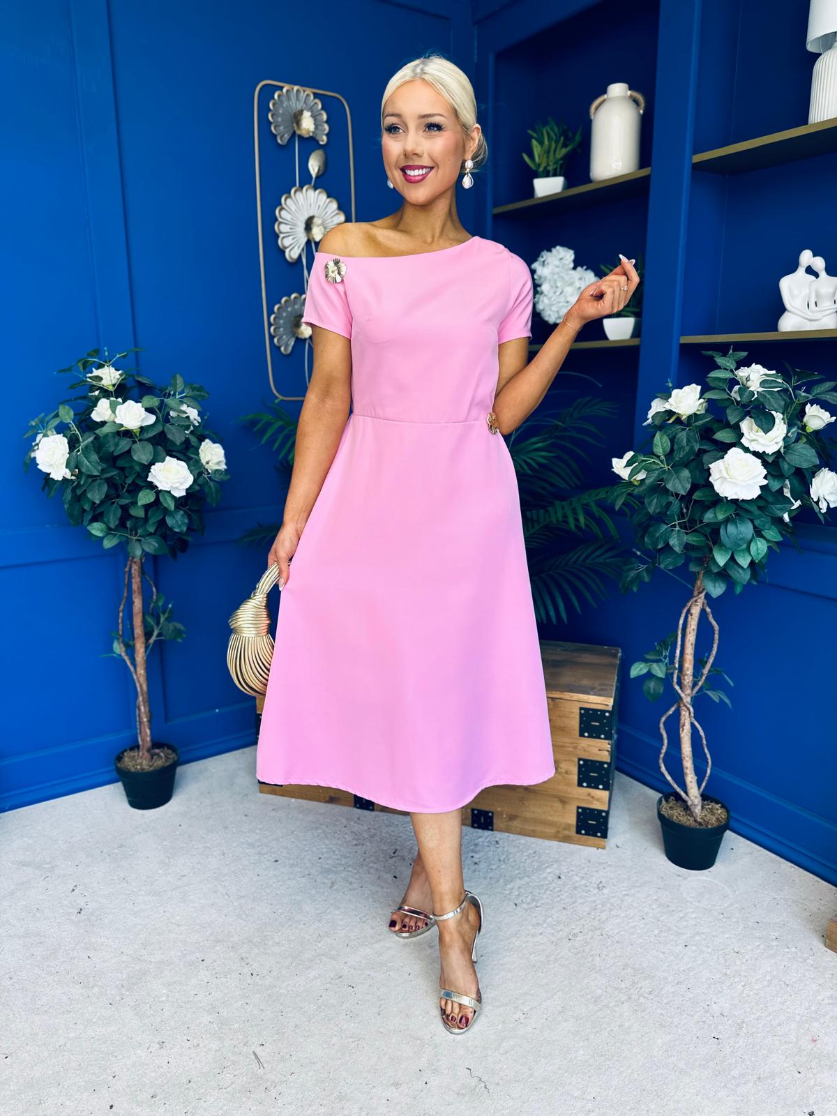 Emily Asymmetric Detail Midi Dress Pink